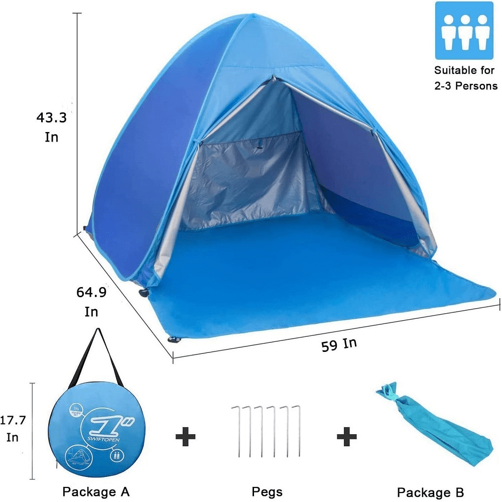 BEEPRINCESS Beach Tent, Anti-UV Pop Up Sun Shelter Beach Tent With Carry Bag for 2-3 Person, Lightweight & Easy Setup Beach Tent, Blue