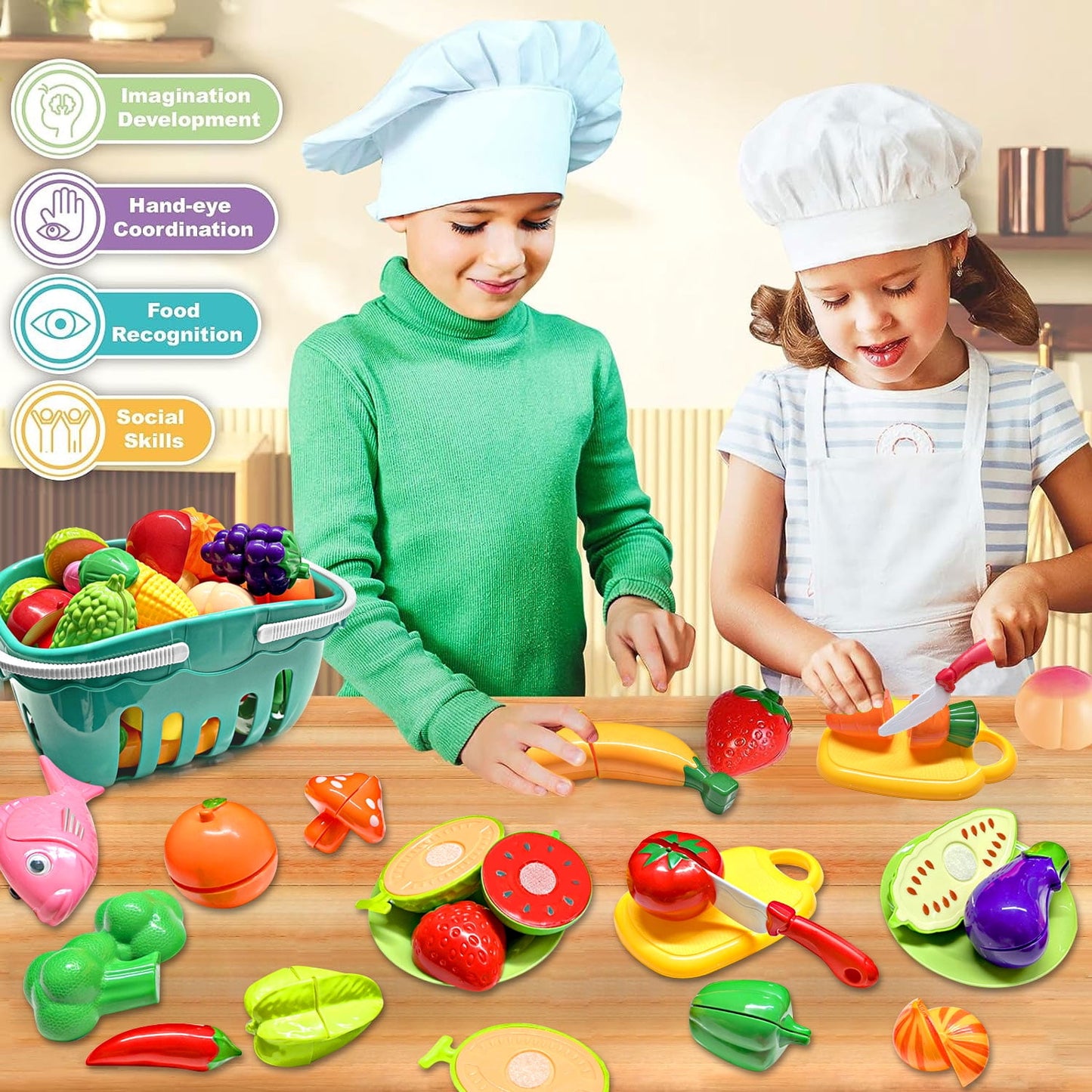 BeePrincess 30pcs Cutting Play Food Set Toy for Kids Kitchen, Pretend Food Toy for Toddlers Age 1-3, BPA-Free Cutting Play Fake Food/Vegetable/Fruits Play Kitchen Toys Accessories with Storage Basket