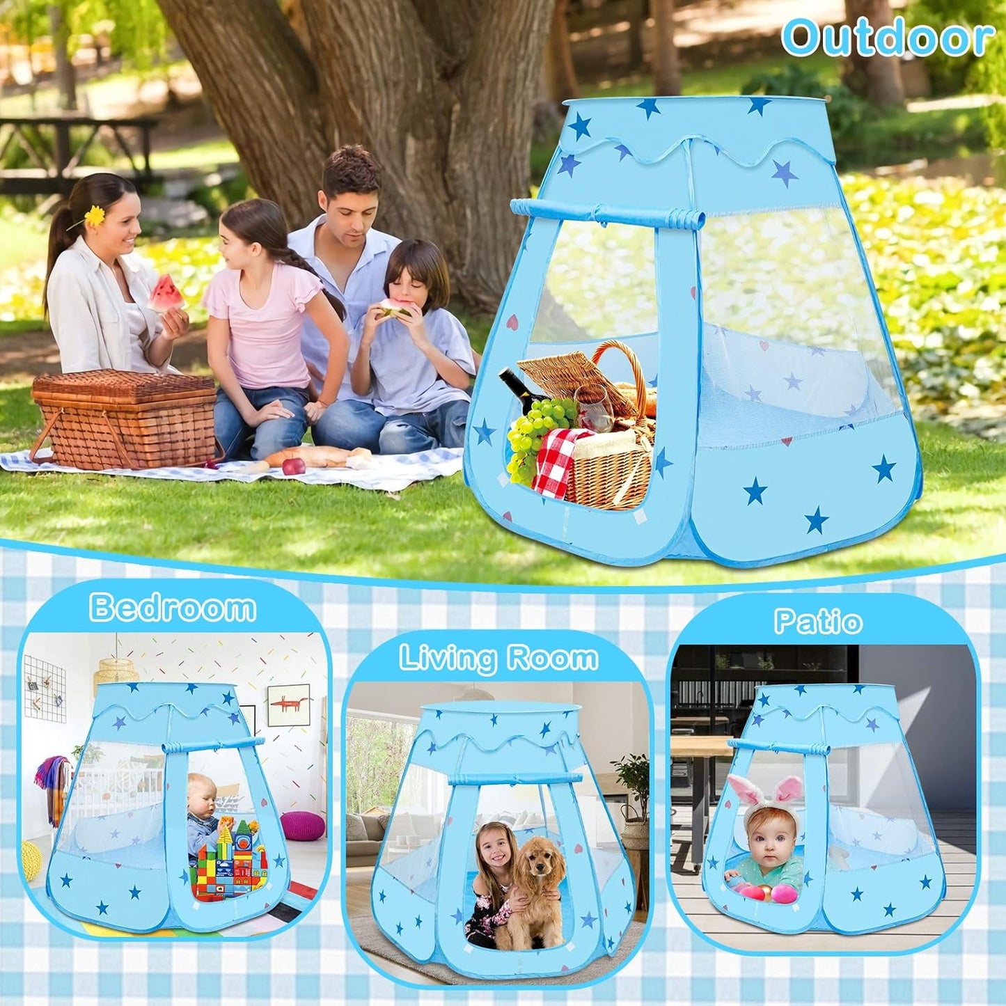 BEEPRINCESS Princess Playhouse Tent for Toddlers and Girls, Indoor & Outdoor Pop Up Play Tent for Kids, Foldable Ball Pit with Carrying Bag, Birthday Gifts for 1-3 Years Old Toddlers and Girls, Blue