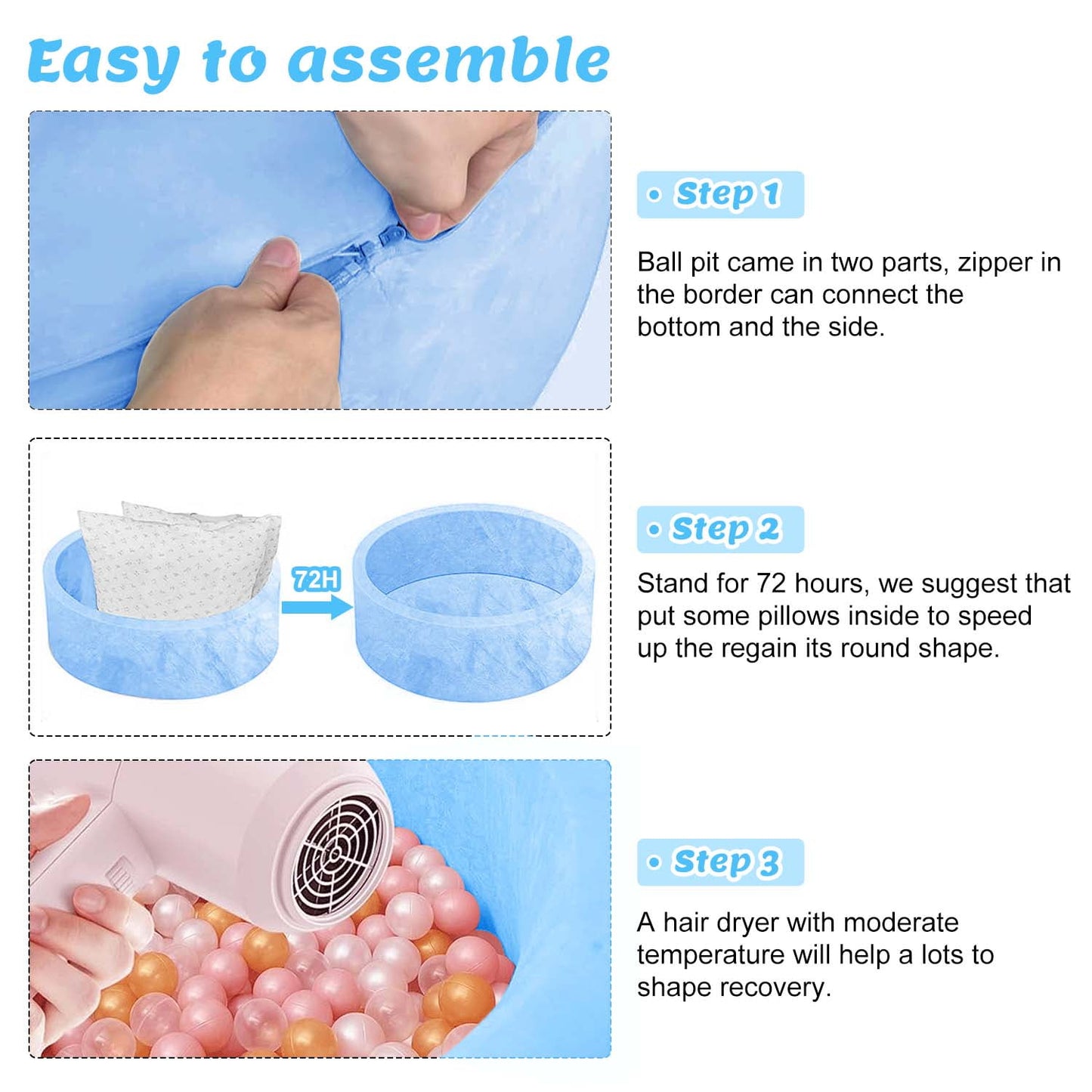 BEEPRINCESS Foam Ball Pit - Soft Play for Baby Infants and Toddlers Ages 1-3, Round Shape, No Balls Included, Blue