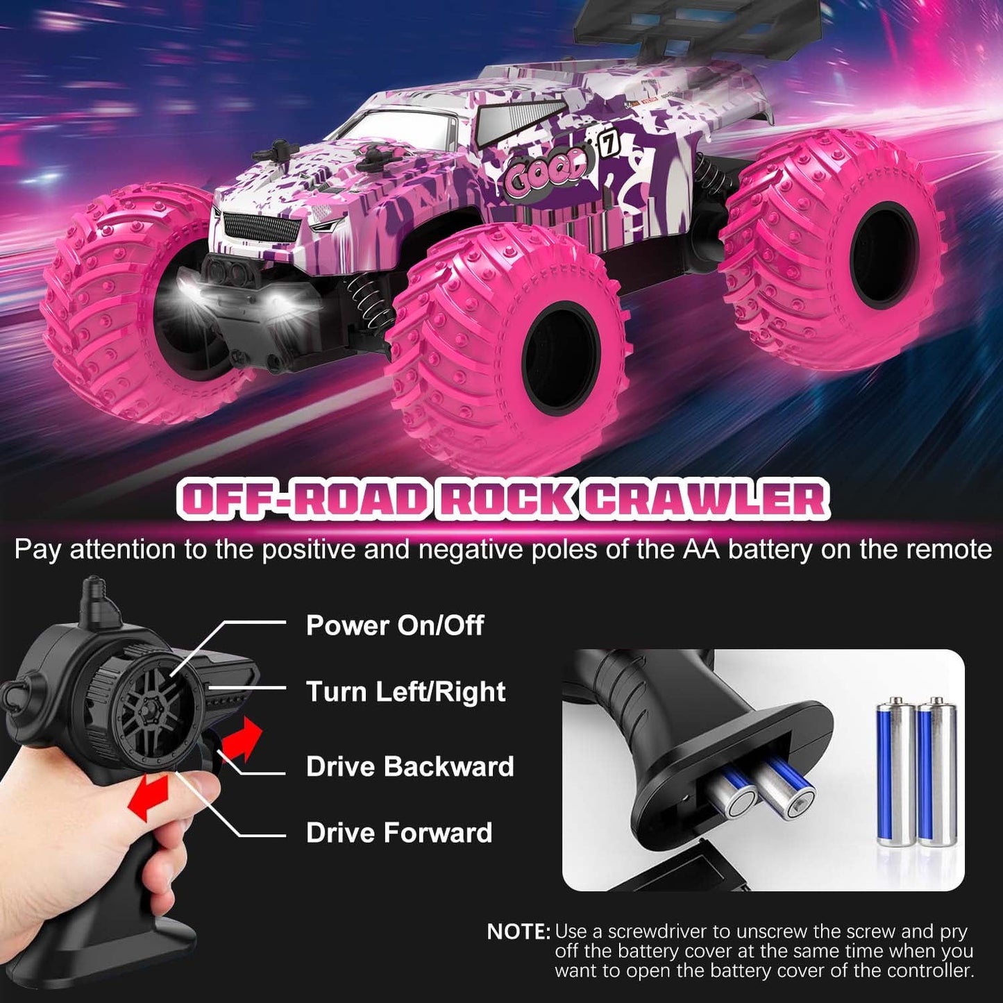 BEEPRINCESS Remote Control Car, 1:18 Scale All Terrain RC Cars, 2WD 20Km/h with Colorful LED Light and 2 Rechargeable Batteries, RC Monster Truck Off-road Racing Car Toys for Kids and Boys, Pink