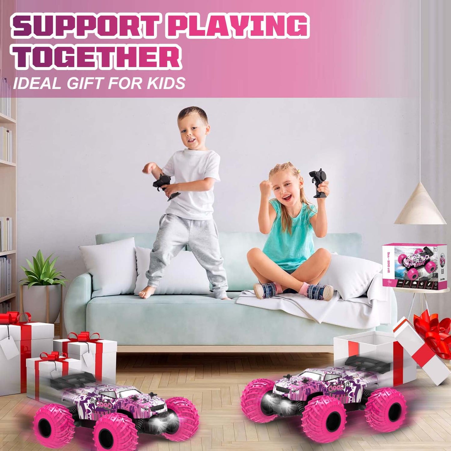 BEEPRINCESS Remote Control Car, 1:18 Scale All Terrain RC Cars, 2WD 20Km/h with Colorful LED Light and 2 Rechargeable Batteries, RC Monster Truck Off-road Racing Car Toys for Kids and Boys, Pink