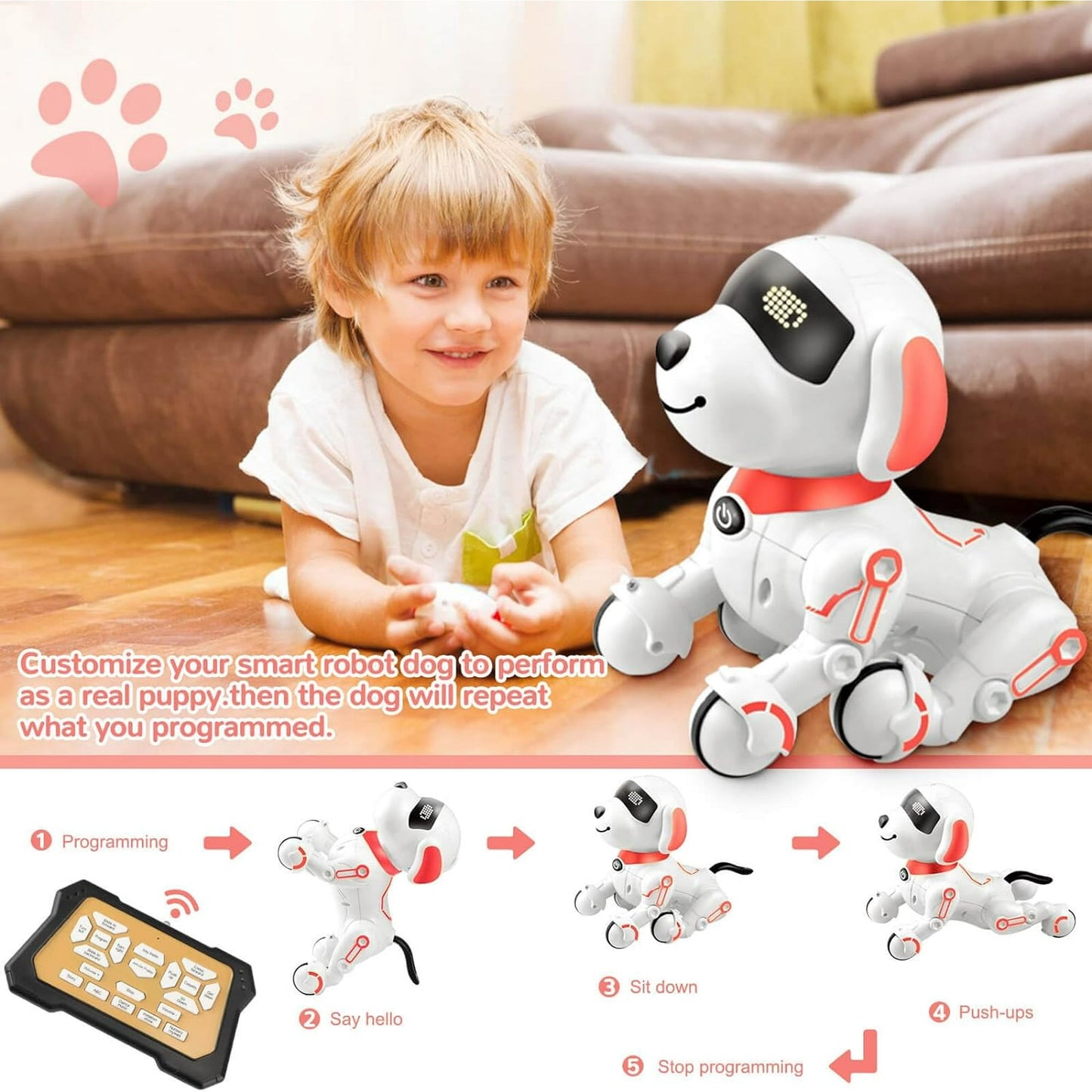 BEEPRINCESS Robot Dog, Smart Programmable RC Electronic Pet Puppy with Early Education Function, White/Pink