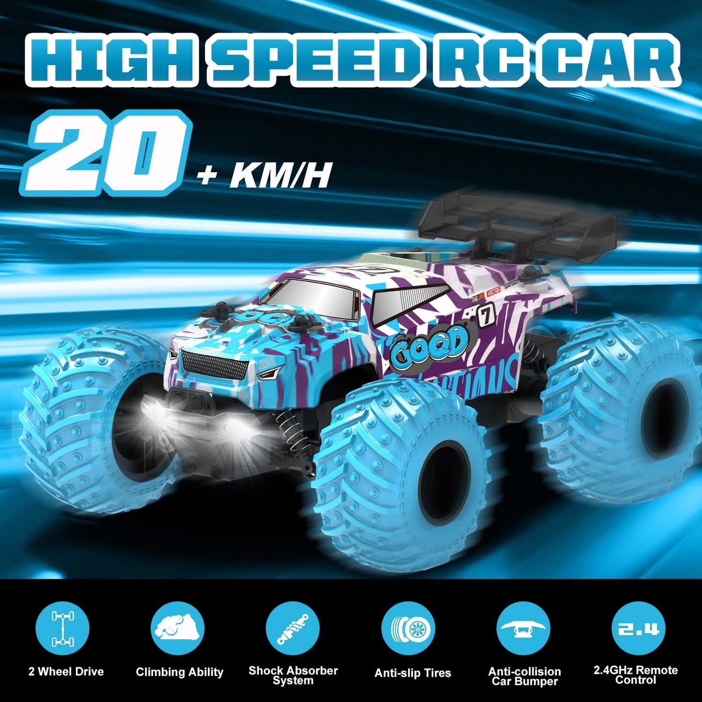 BEEPRINCESS Remote Control Car, 1:18 Scale All Terrain RC Cars, 2WD 20Km/h with Colorful LED Light and 2 Rechargeable Batteries, RC Monster Truck Off-road Racing Car Toys for Kids and Boys, Blue