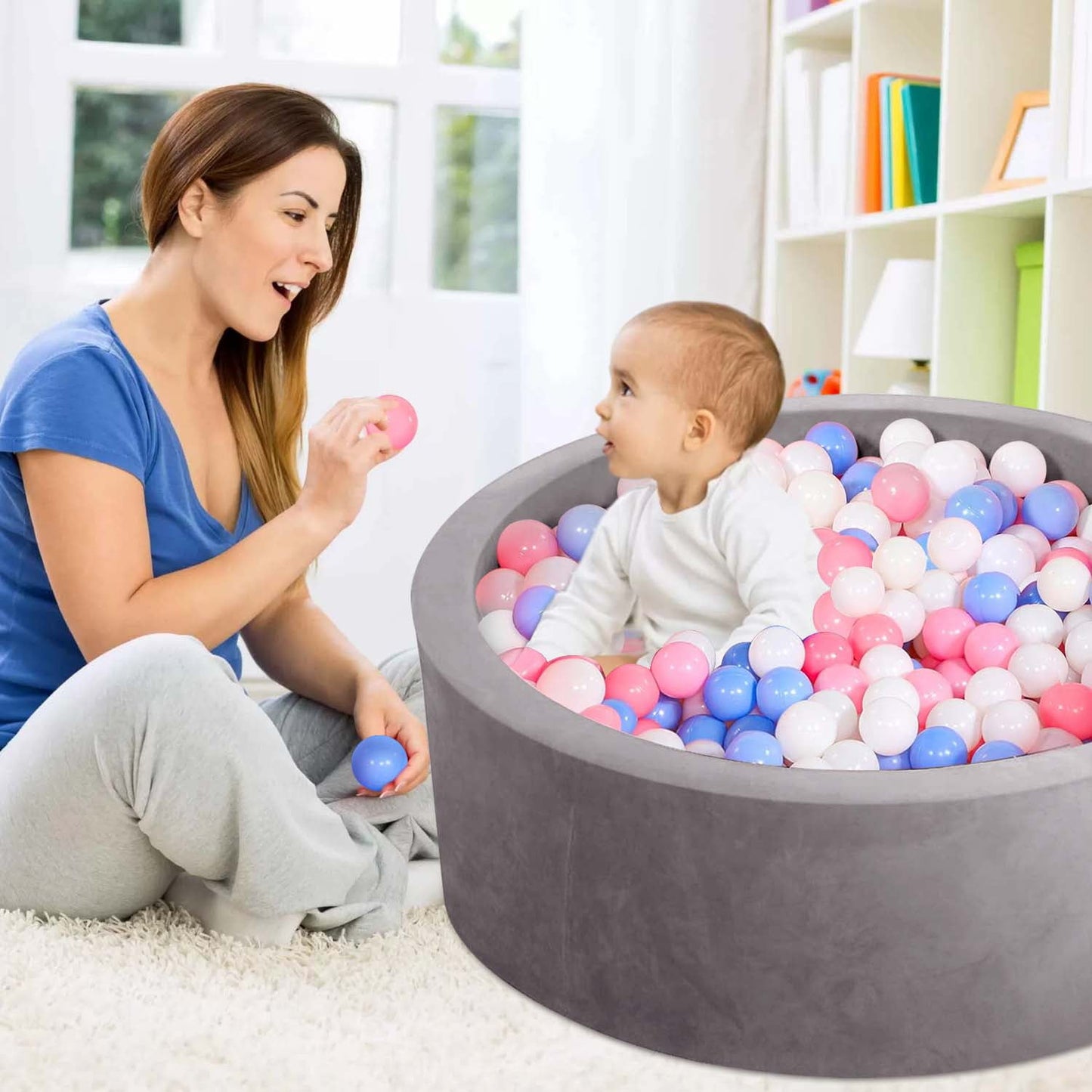 BEEPRINCESS Foam Ball Pit - Soft Play for Baby Infants and Toddlers Ages 1-3, Round Shape, No Balls Included, Gray
