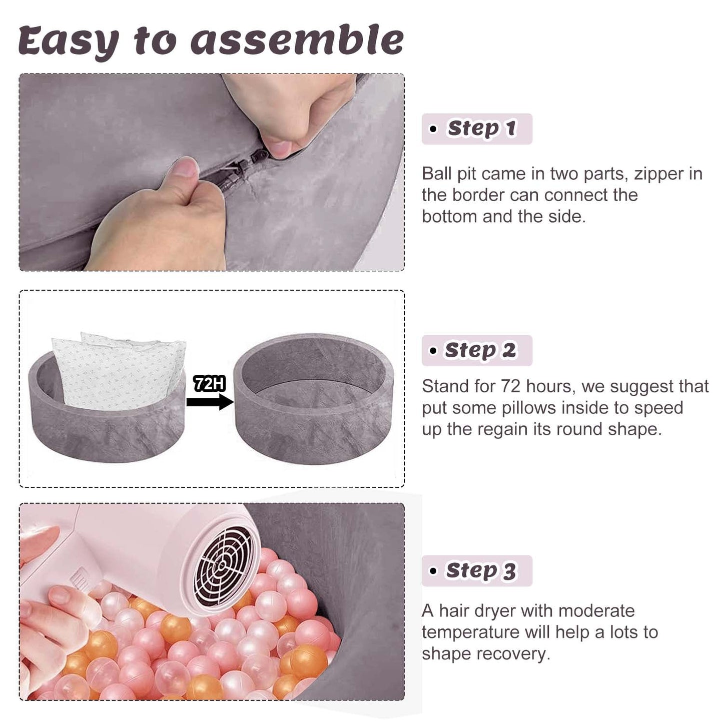 BEEPRINCESS Foam Ball Pit - Soft Play for Baby Infants and Toddlers Ages 1-3, Round Shape, No Balls Included, Gray
