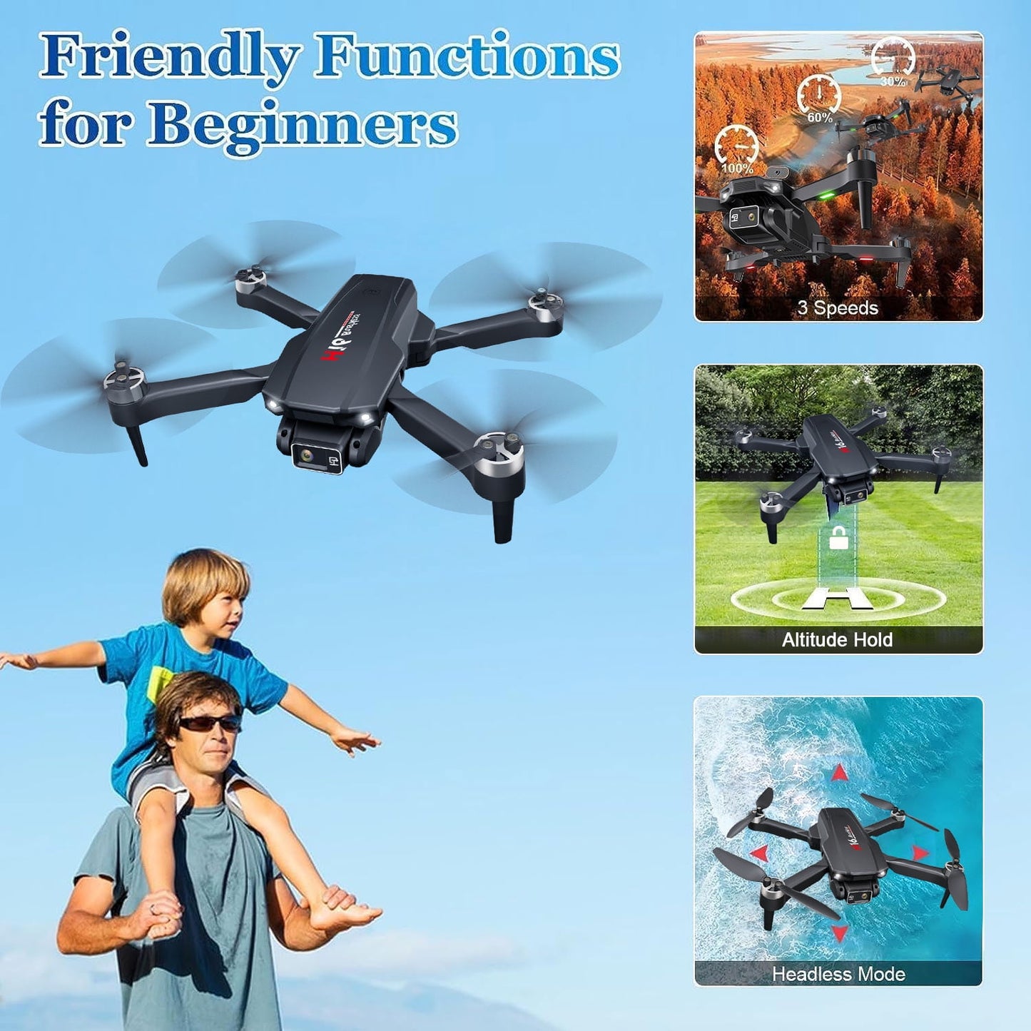 BEEPRINCESS H16 Drone with Camera for Adults 4K, Foldable Drone for Beginners with Brushless Motor, Optical Flow Positioning, with 2 Batteries and Carrying Case