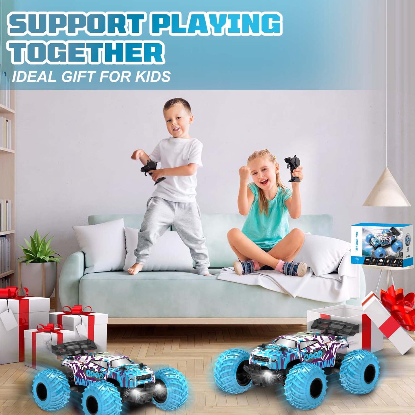 BEEPRINCESS Remote Control Car, 1:18 Scale All Terrain RC Cars, 2WD 20Km/h with Colorful LED Light and 2 Rechargeable Batteries, RC Monster Truck Off-road Racing Car Toys for Kids and Boys, Blue