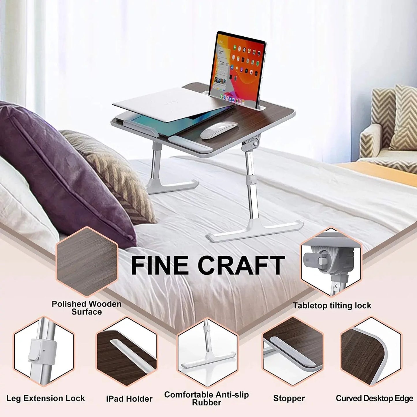 BeePrincess Lap Desk 23.6" x 13.0", Folding Laptop Bed Tray Table, Adjustable Laptop Desk with Tablet Groove