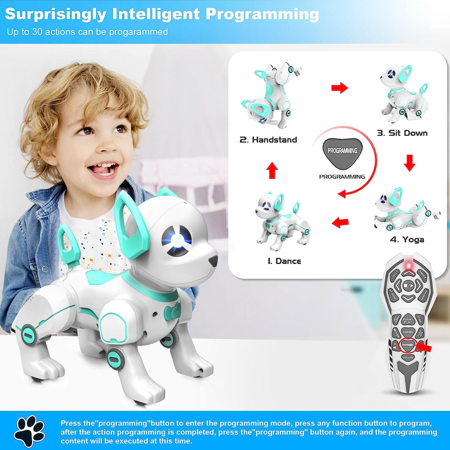 BEEPRINCESS RC Robot Dog, Electronic Pet Dog with Voice Control, Interactive and Stunt, White/Green