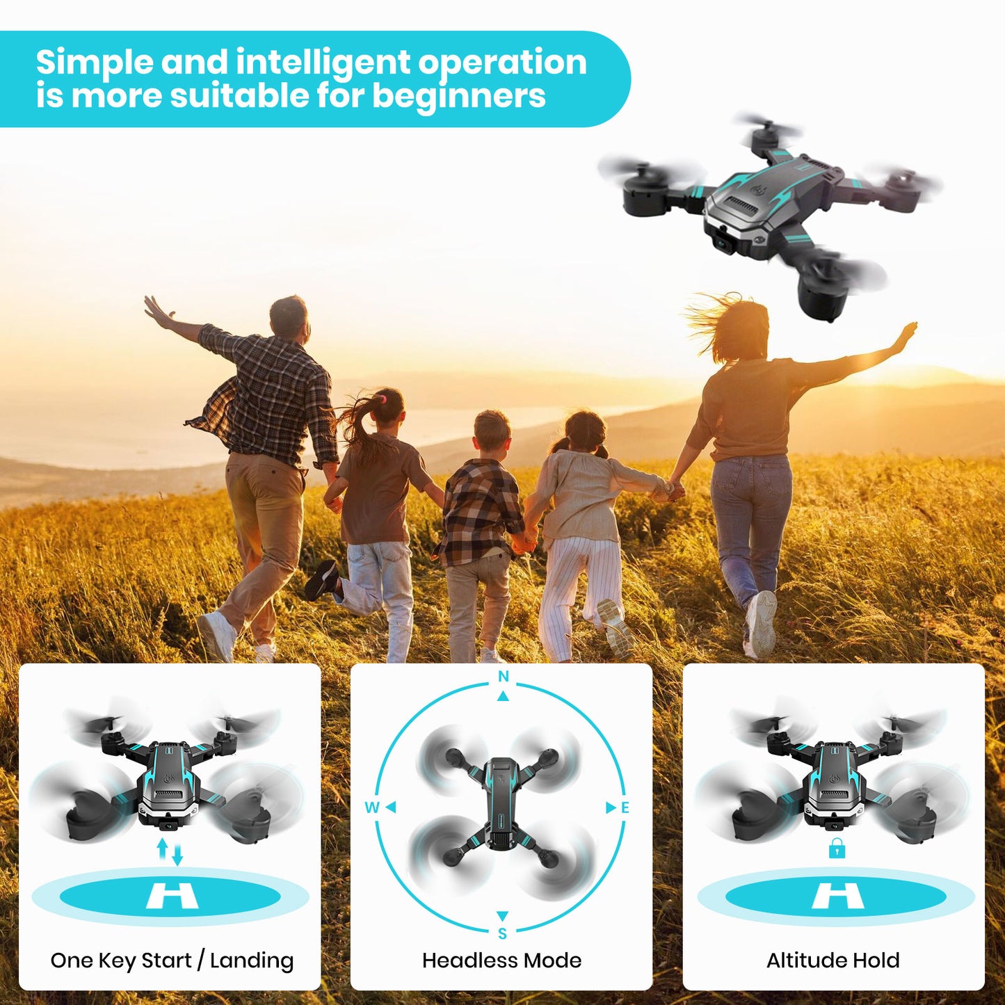 BeePrincess 1080P HD Camera Drone for Beginners and Kids, Foldable Quadcopter with FPV, Gesture Control, Carrying Case, One-Key Take Off/Land, 360° Flip, Waypoint Fly