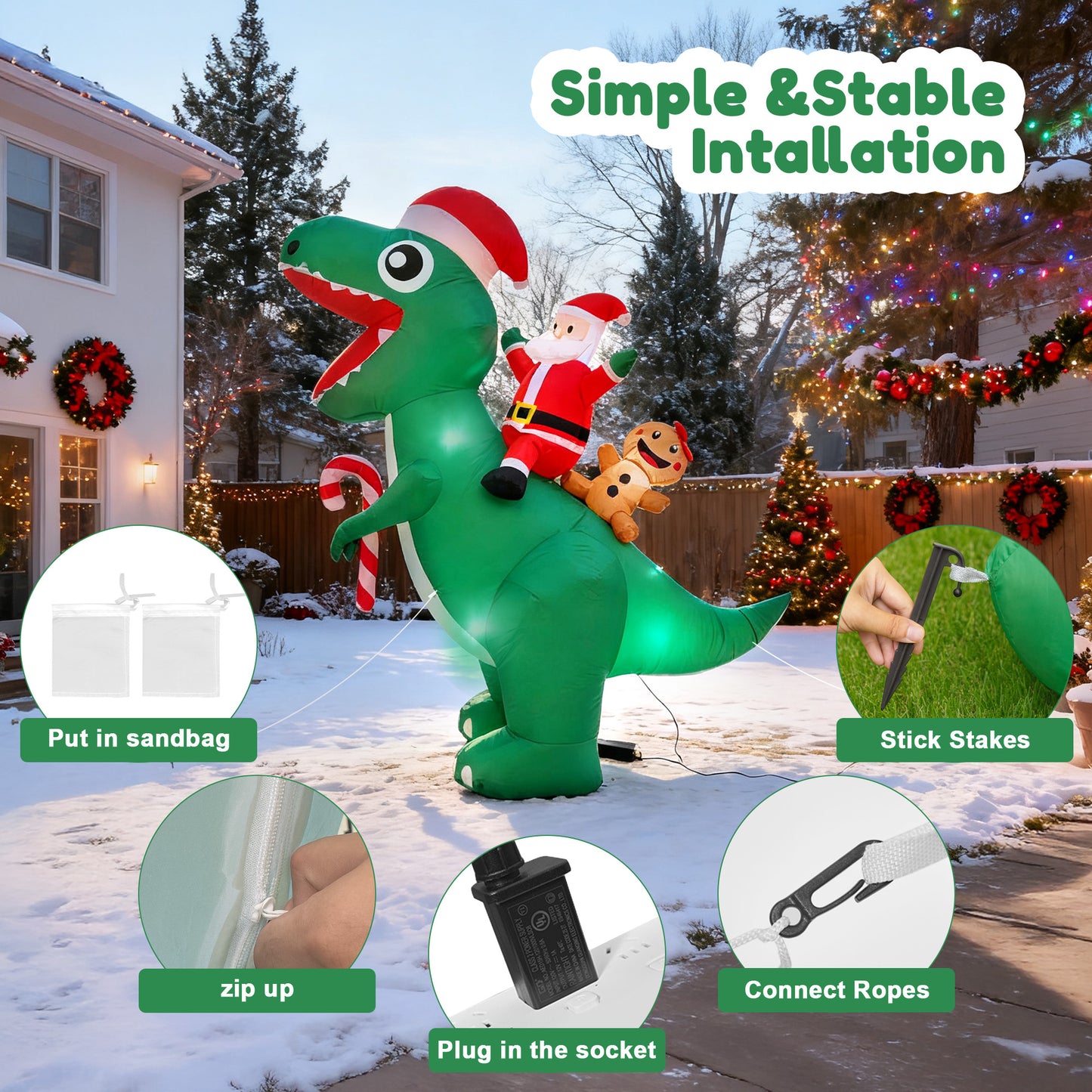 BeePrincess 7FT LED Santa Riding Dinosaur Christmas Inflatable - Outdoor Blow-Up Yard Decoration with Sandbags, Stakes & Strings for Garden, Lawn, Holiday Decor