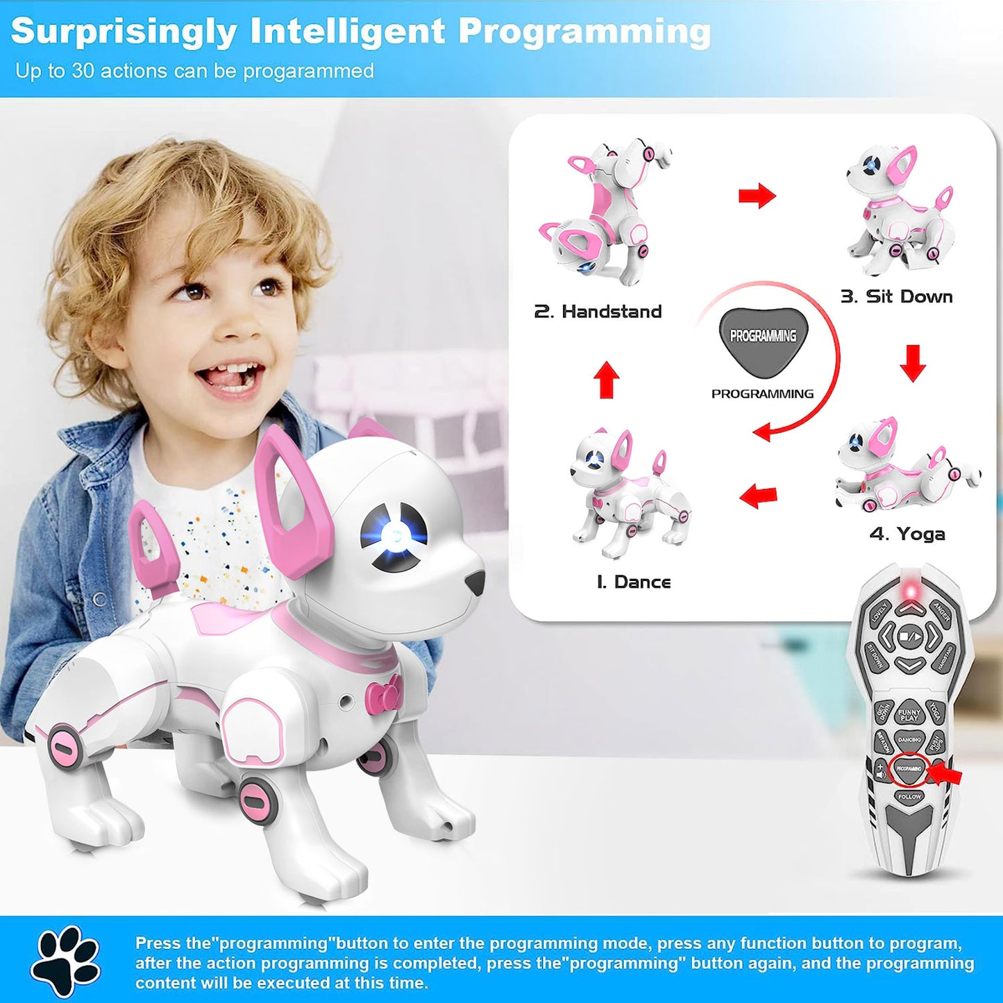 BEEPRINCESS RC Robot Dog, Electronic Pet Dog with Voice Control, Interactive and Stunt, White/Pink