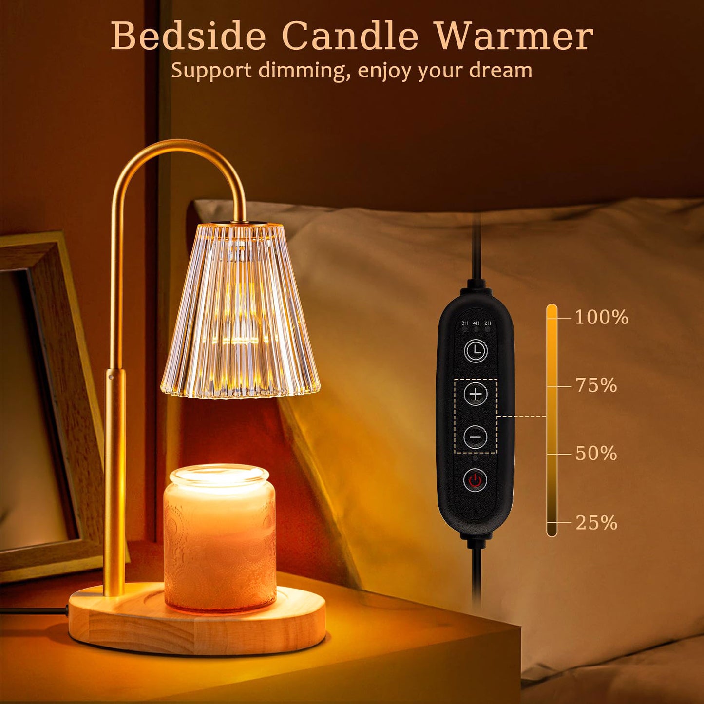 Candle Warmer Lamp with Timer, Dimmable, Adjustable Height - Electric Top Down Melting for All Jar Candles - Home Decor Wax Melter Light in Amber (Includes 2 Halogen Bulbs)