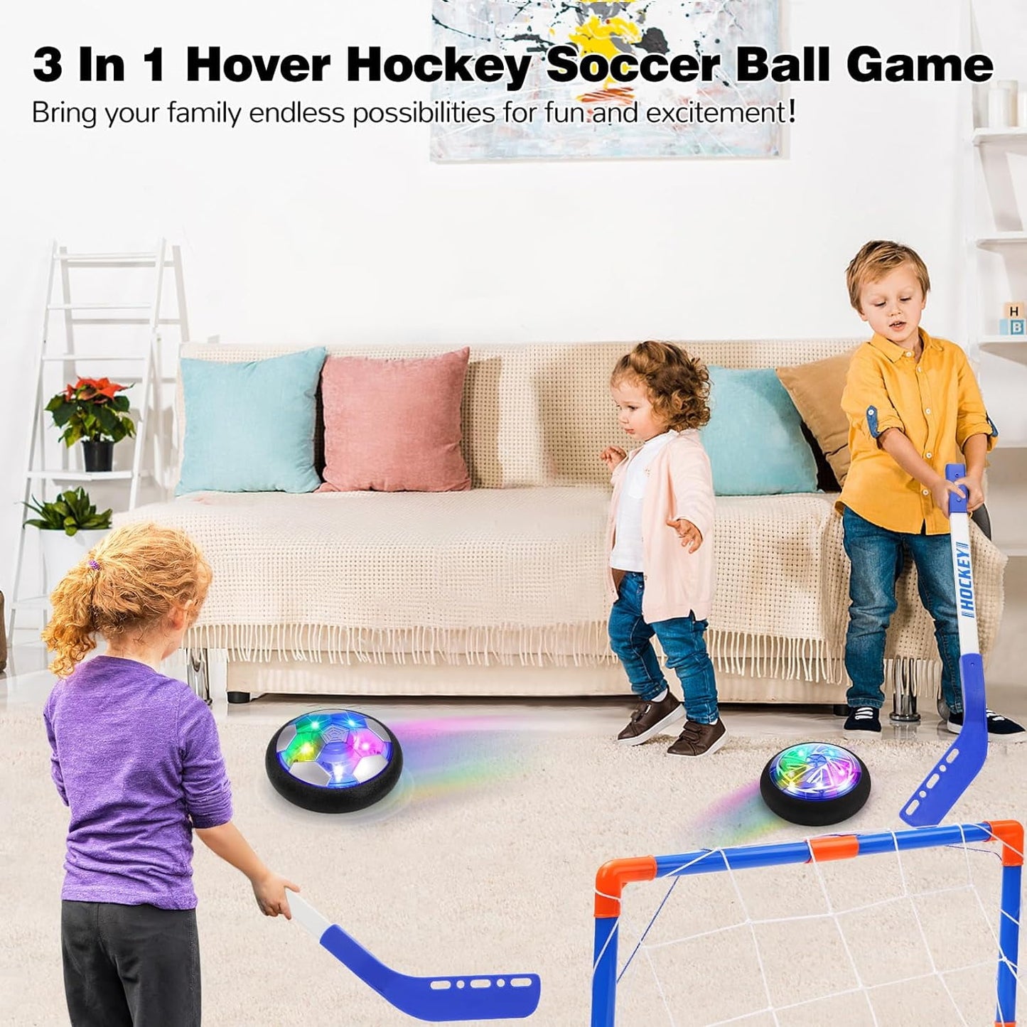 BEEPRINCESS Hover Soccer Ball, 3-in-1 Hover Hockey Ball Kids Toys Set, Indoor and Outdoor Sports Games Toys for Kids Ages 3 4 5 6 7 8-12 - Rechargeable LED Soccer Games Toys for 3-12 Year Old Boys