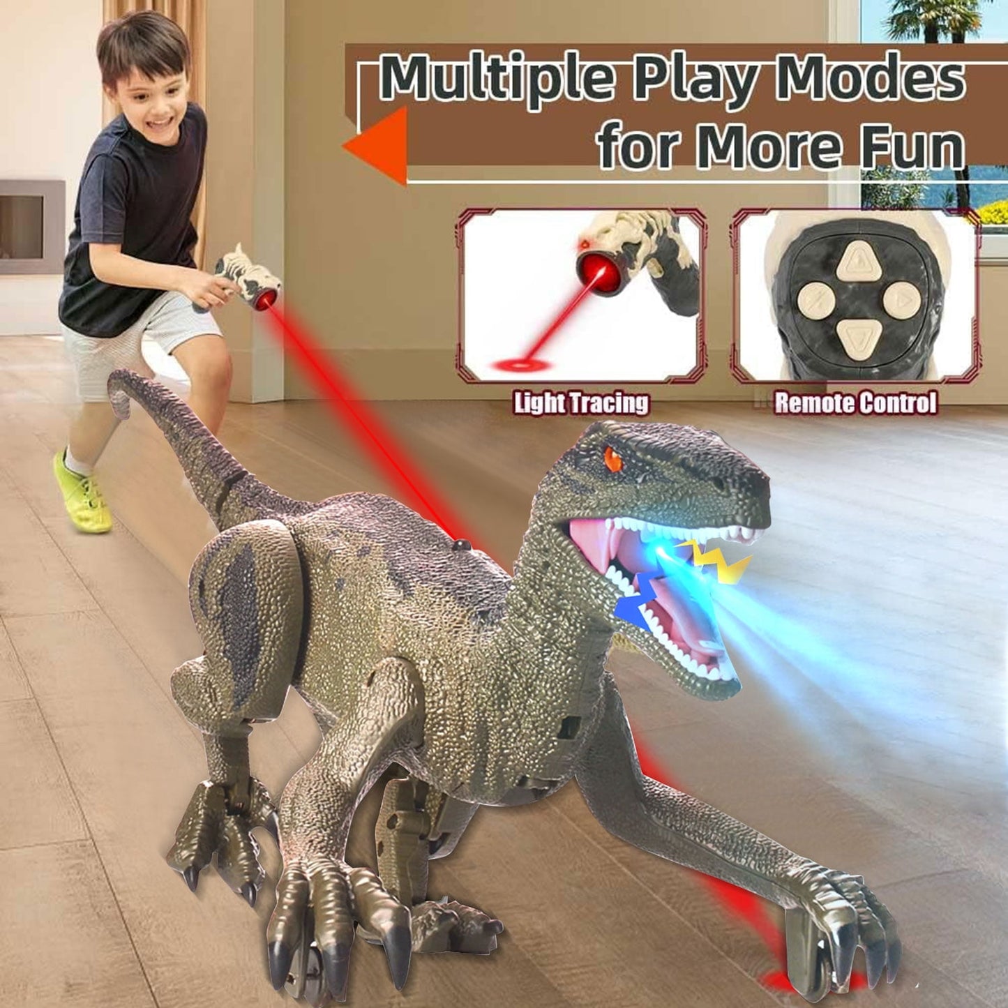 BEEPRINCESS RC Dinosaur Robot Toys for Kids, Interactive Toy with Light Chasing Remote Control