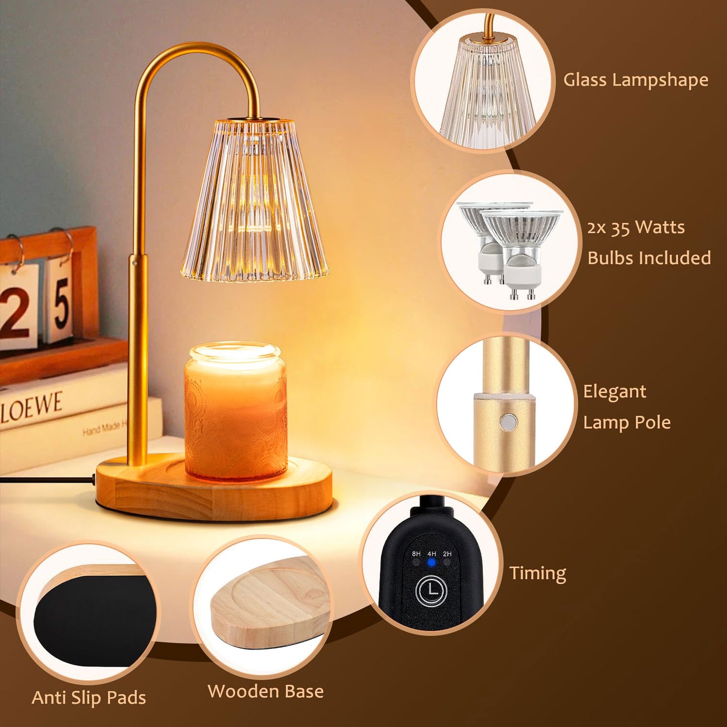 Candle Warmer Lamp with Timer, Dimmable, Adjustable Height - Electric Top Down Melting for All Jar Candles - Home Decor Wax Melter Light in Amber (Includes 2 Halogen Bulbs)