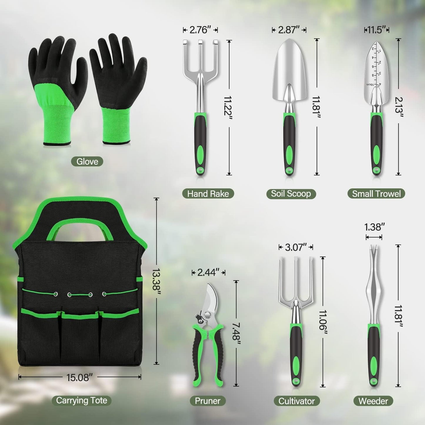 BEEPRINCESS Garden Tools Set, 8-Piece Heavy Duty Aluminum Garden Kit Gardening Gifts for Women and Men, Garden Hand Tools with Non-Slip Ergonomic Rubber Handle, Durable Storage Tote Bag, Green