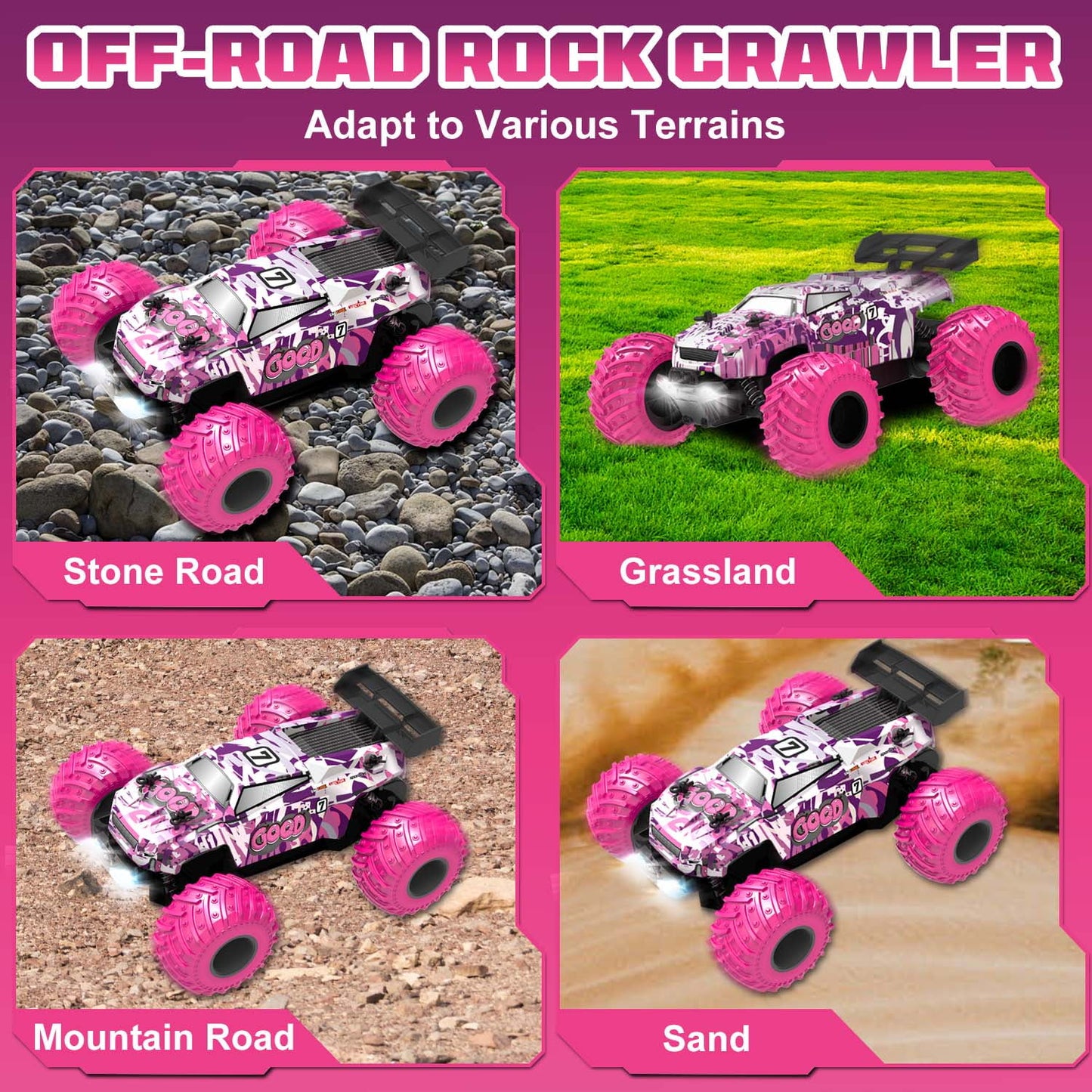 BEEPRINCESS Remote Control Car, 1:18 Scale All Terrain RC Cars, 2WD 20Km/h with Colorful LED Light and 2 Rechargeable Batteries, RC Monster Truck Off-road Racing Car Toys for Kids and Boys, Pink