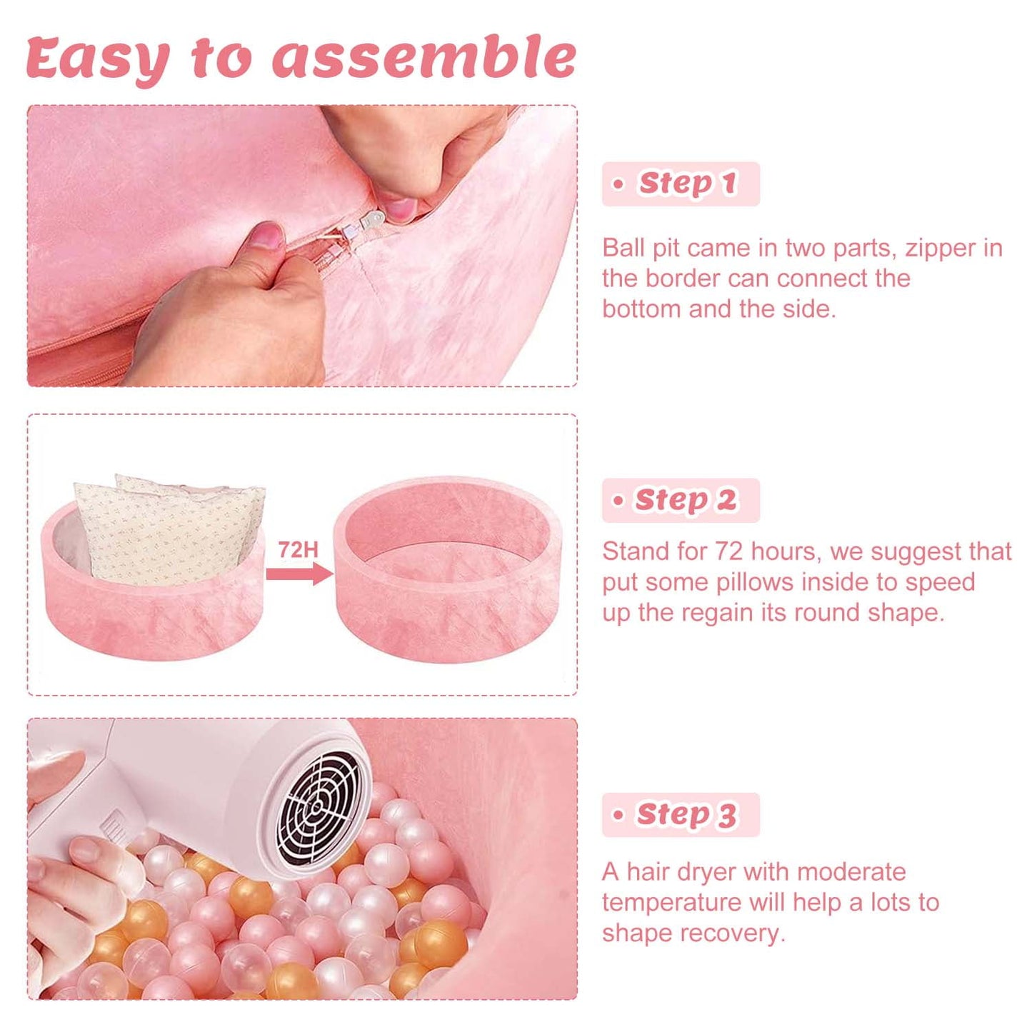 BEEPRINCESS Foam Ball Pit - Soft Play for Baby Infants and Toddlers Ages 1-3, Round Shape, No Balls Included, Pink