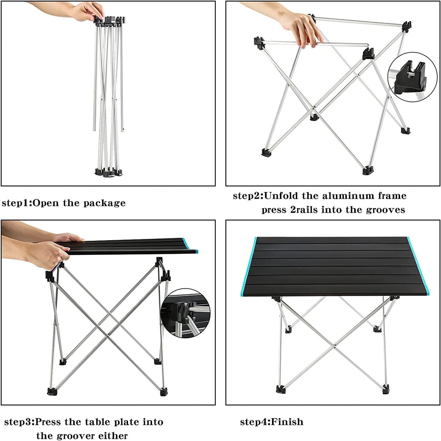 BEEPRINCESS Folding Camping Table, 27.7" x 18.2" Portable Camping Side Tables with Aluminum Table Top with Carrying Bag for Picnic/Camp/Beach/Outdoor/BBQ/Cooking, Black - Large