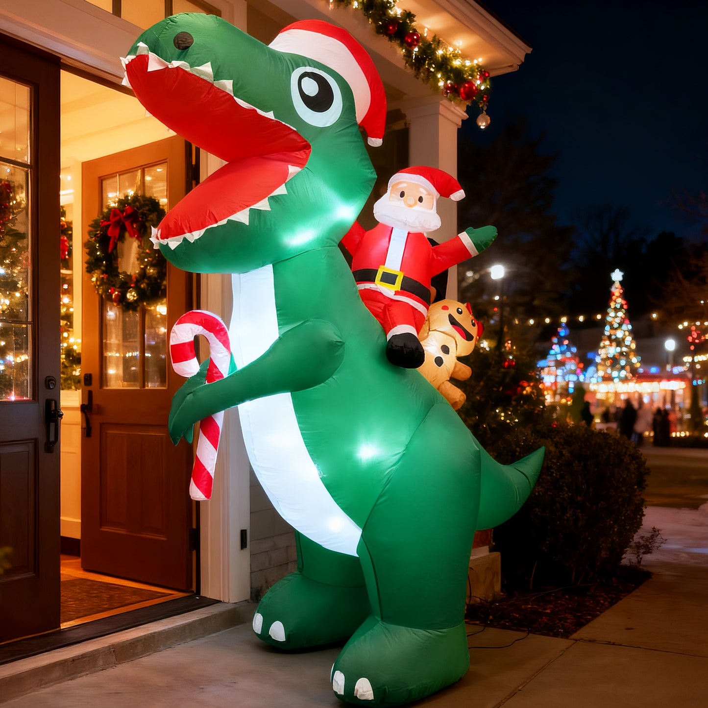 BeePrincess 7FT LED Santa Riding Dinosaur Christmas Inflatable - Outdoor Blow-Up Yard Decoration with Sandbags, Stakes & Strings for Garden, Lawn, Holiday Decor