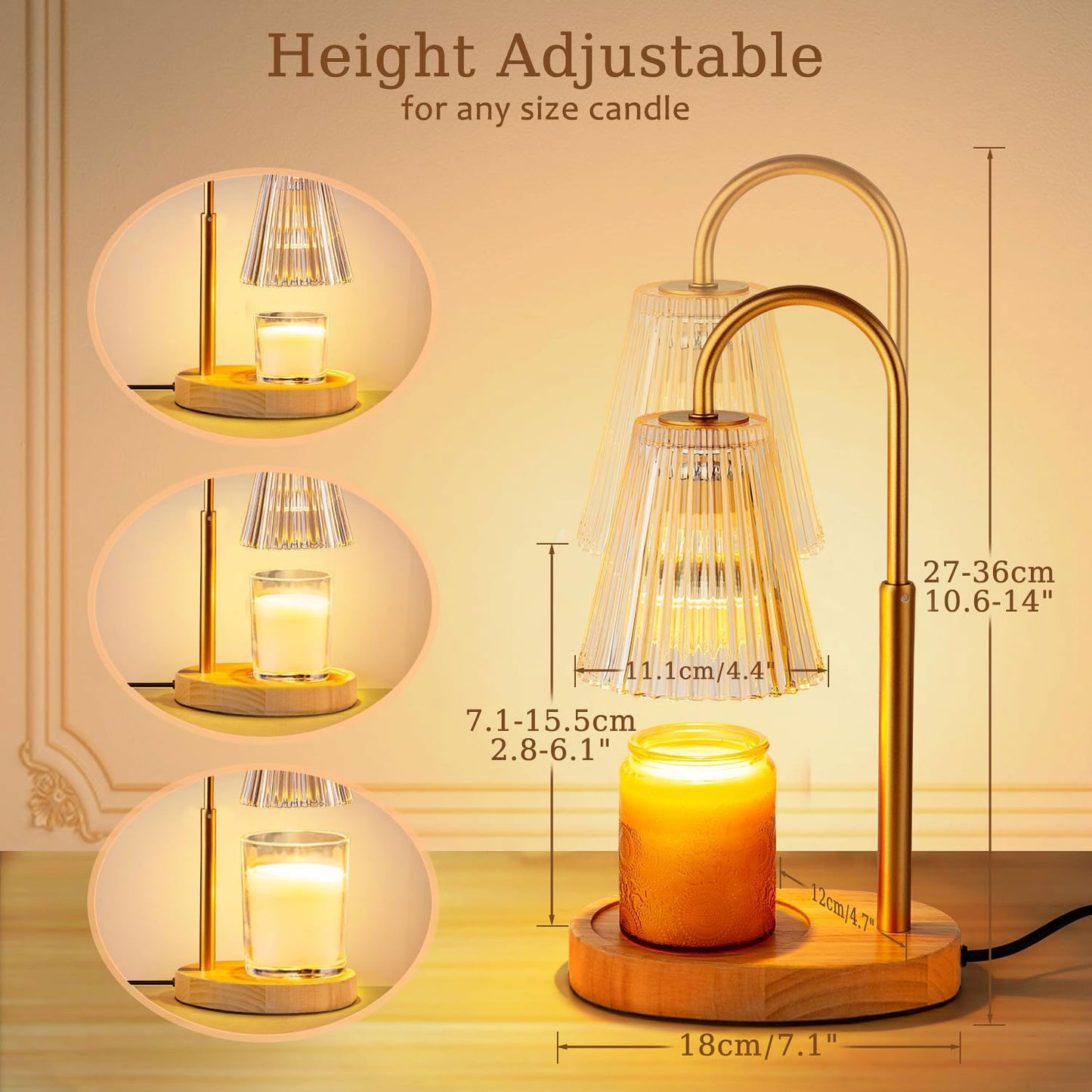 Candle Warmer Lamp with Timer, Dimmable, Adjustable Height - Electric Top Down Melting for All Jar Candles - Home Decor Wax Melter Light in Amber (Includes 2 Halogen Bulbs)