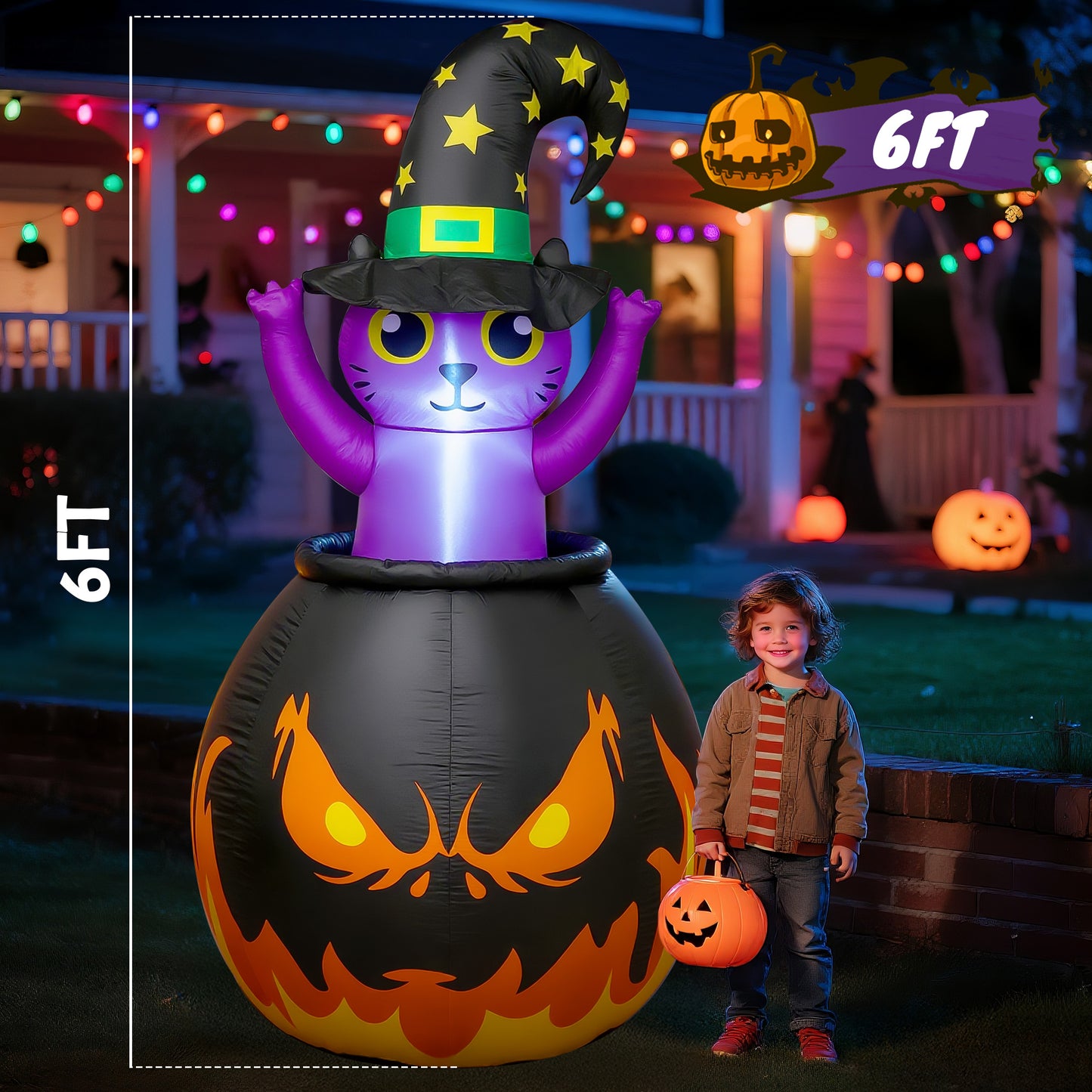 BeePrincess 6FT Halloween Inflatable - Glowing Witch Cat with LED Lights, Halloween Party Indoor Outdoor Yard Garden