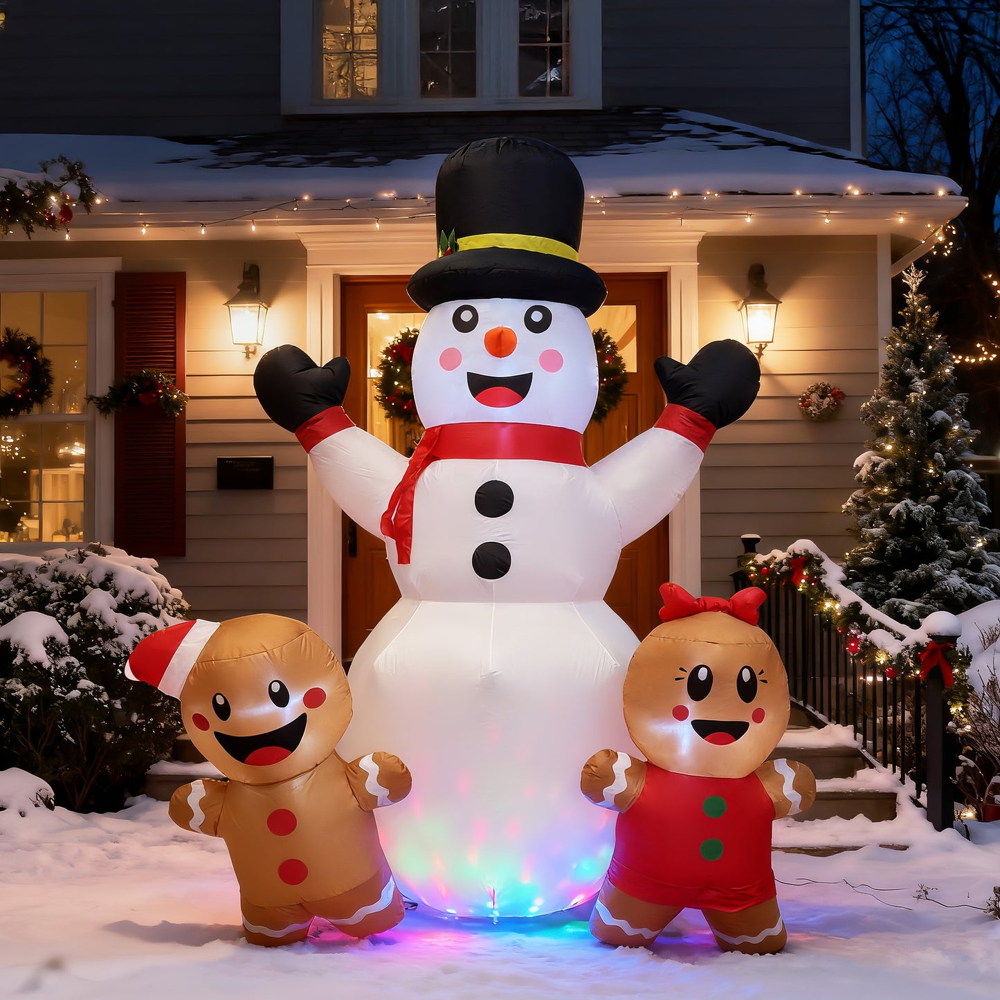 BeePrincess 7FT Christmas Inflatable Snowman & Gingerbread Men Set - Outdoor LED Decor with Adorable Trio for Yard, Garden Winter Decorations