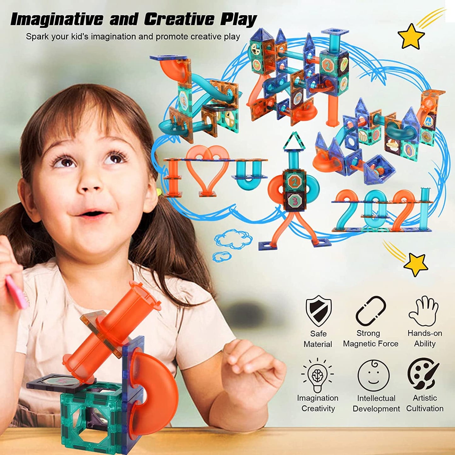 BEEPRINCESS Magnetic Tiles, 98 Pieces Magnetic Marble Run, 3D Magnetic Building Blocks for Kids, STEM Certified | Ages Children to Adult 3+