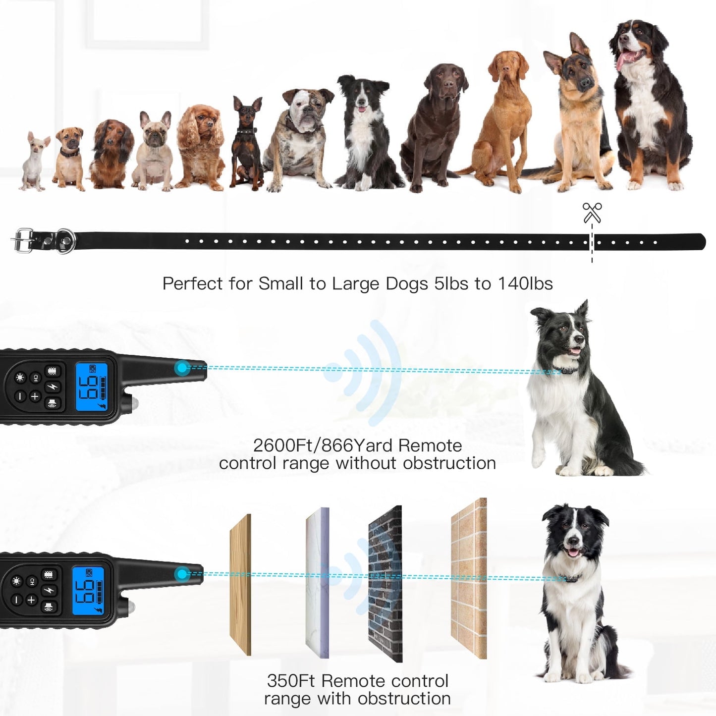 Dog Training Collars, Dog Shock Collar with Remote 2600 feet, 3 Modes Beep Vibration Shock, IPX7 Waterproof, LED Light, USB Charging, Dog Bark Collar for Training Small Medium Large Dogs
