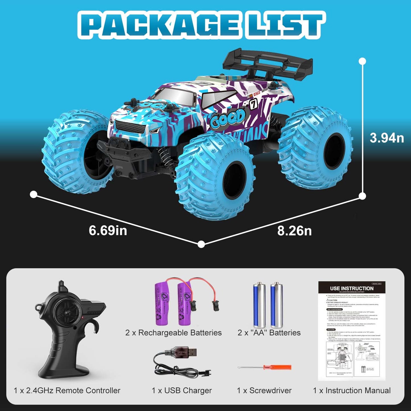 BEEPRINCESS Remote Control Car, 1:18 Scale All Terrain RC Cars, 2WD 20Km/h with Colorful LED Light and 2 Rechargeable Batteries, RC Monster Truck Off-road Racing Car Toys for Kids and Boys, Blue
