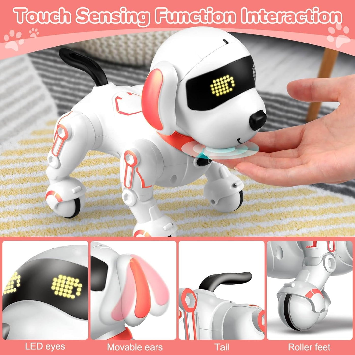 BEEPRINCESS Robot Dog, Smart Programmable RC Electronic Pet Puppy with Early Education Function, White/Pink