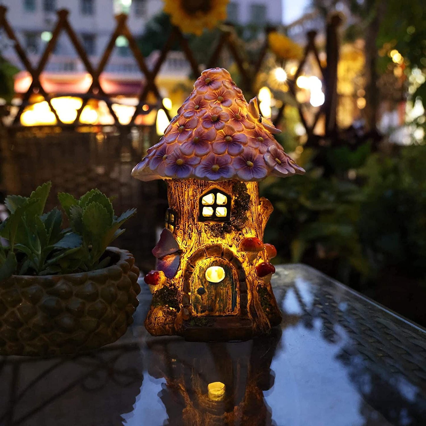 BEEPRINCESS Fairy Garden House, Outdoor Fairies Houses, Solar Power Statues Garden Decor, Miniature Light up Figurines Treehouse Lawn Ornaments Yard Decoration Gift Ideas