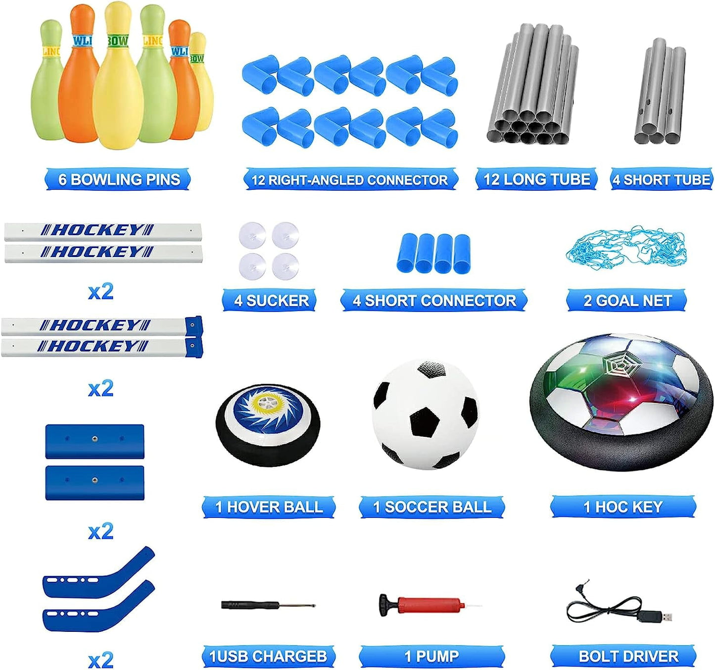 BEEPRINCESS Hover Soccer Ball, 4-in-1 Hover Hockey Ball Bowling Set for Kids, Indoor and Outdoor Sports Games Toys for Kids Ages 3-12, Rechargeable LED Soccer Games Toys for 3-12 Year Old Boys