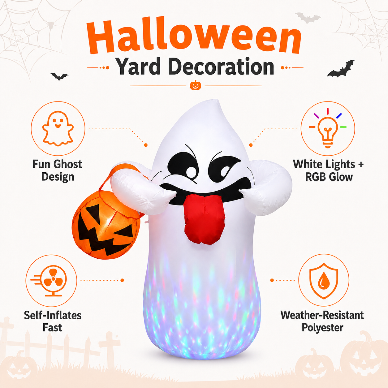BEEPRINCESS 5FT Halloween Inflatable Ghost Holding Pumpkin Lantern, Light-Up Blow Up Outdoor Yard Decoration with RGB LED Lights