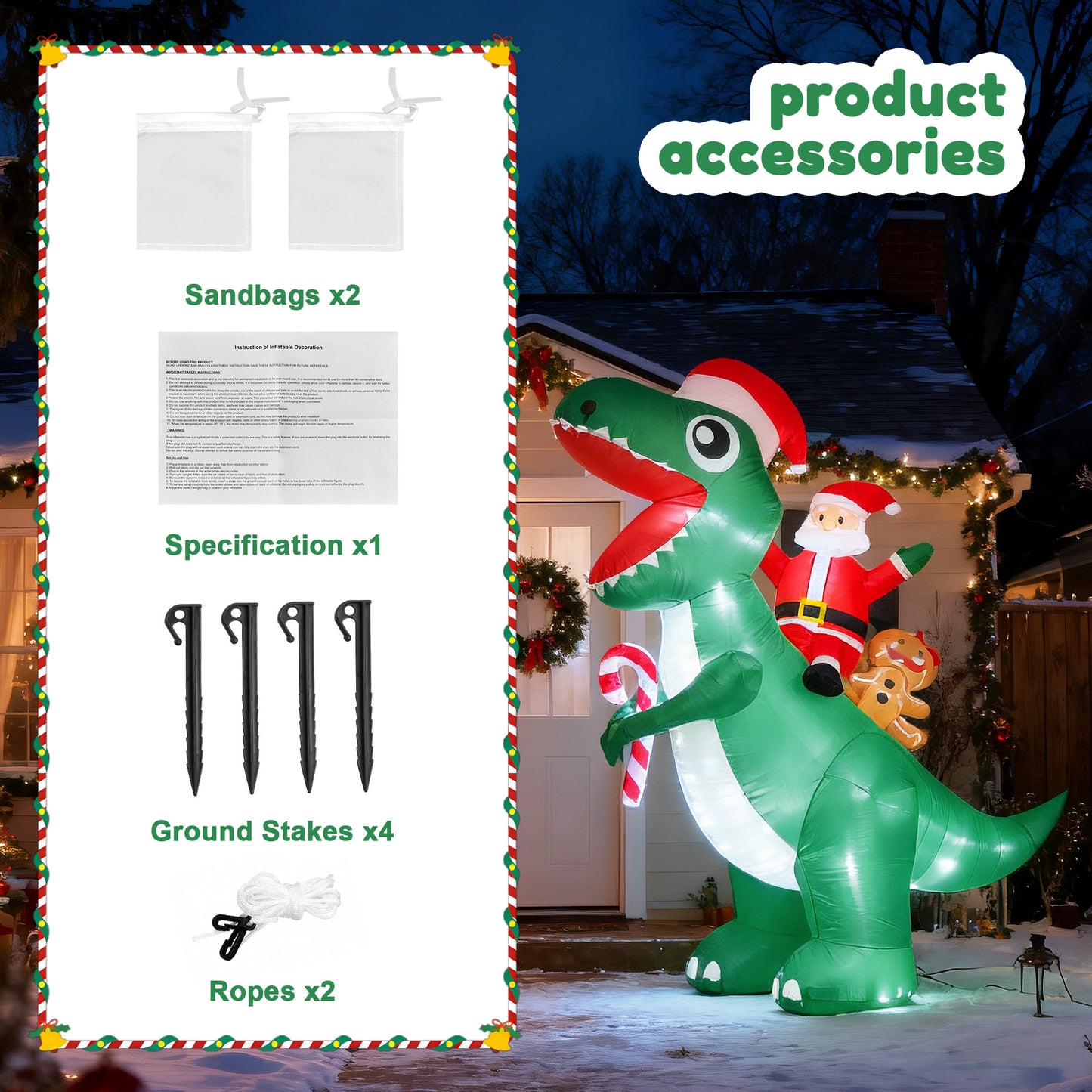 BeePrincess 7FT LED Santa Riding Dinosaur Christmas Inflatable - Outdoor Blow-Up Yard Decoration with Sandbags, Stakes & Strings for Garden, Lawn, Holiday Decor