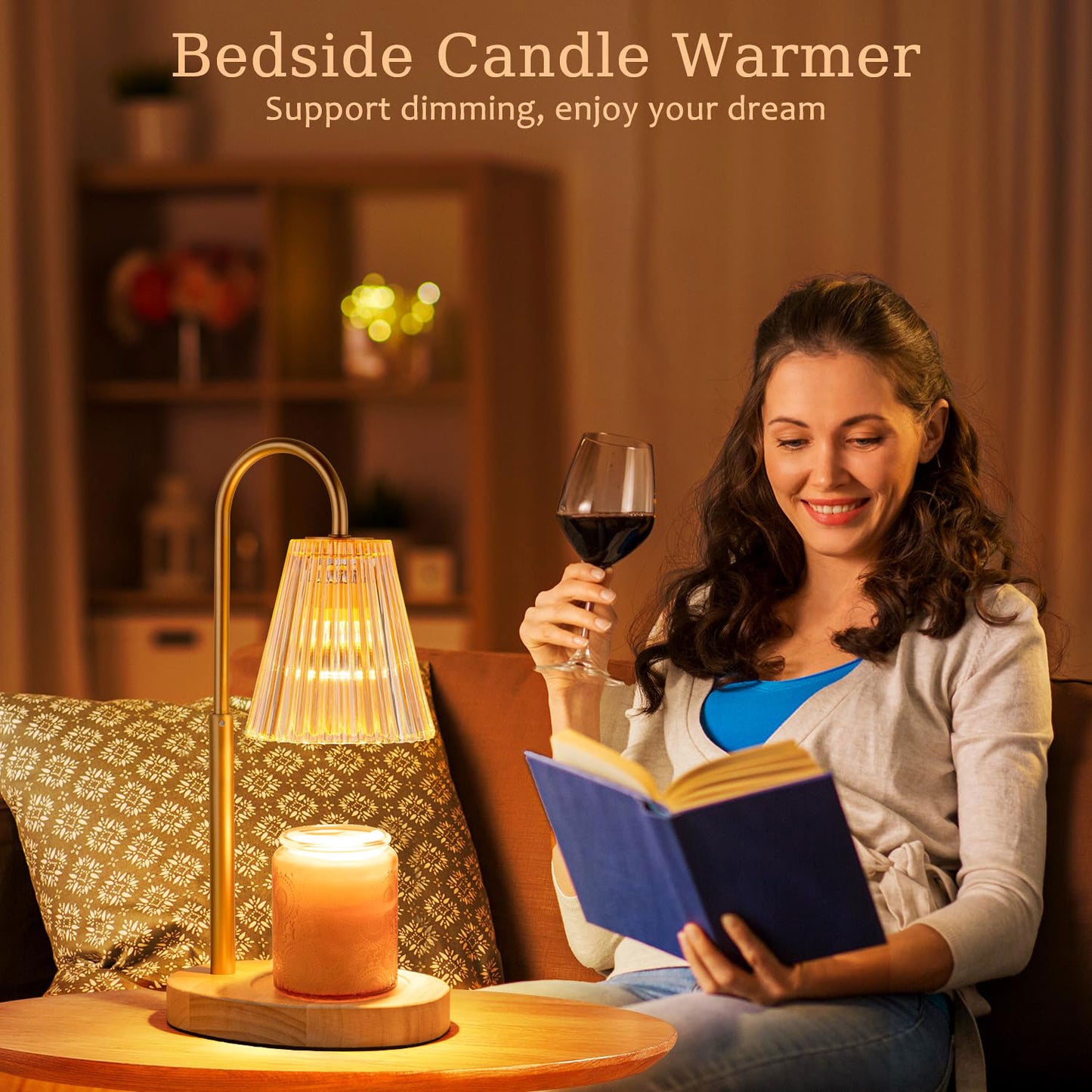 Candle Warmer Lamp with Timer, Dimmable, Adjustable Height - Electric Top Down Melting for All Jar Candles - Home Decor Wax Melter Light in Amber (Includes 2 Halogen Bulbs)