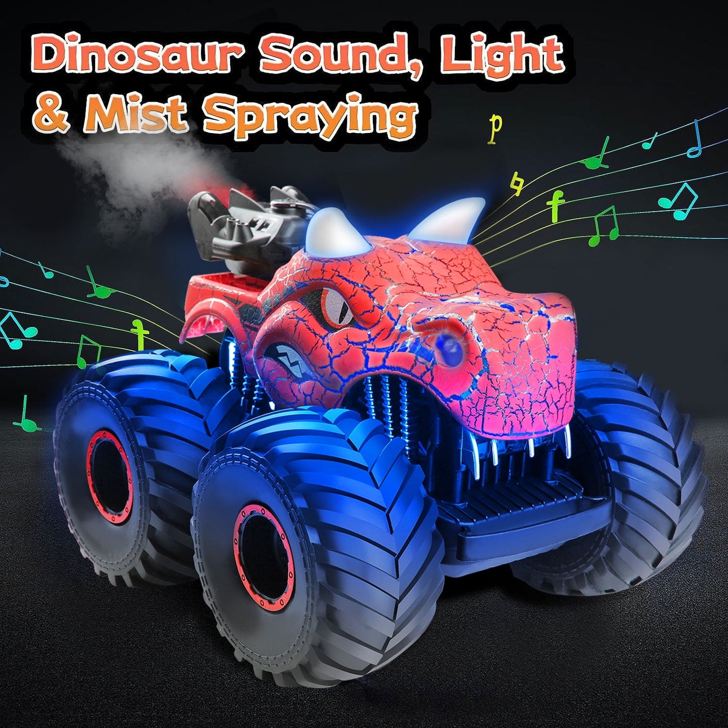 BEEPRINCESS Remote Control Car, 2.4GHz Monster Trucks for Boys Girls with Light, Sound & Spray, Dinosaur Toys Gift for Kids 3 4 5 6 7 8, All Terrain RC Cars for Toddlers with 2 Batteries, Blue