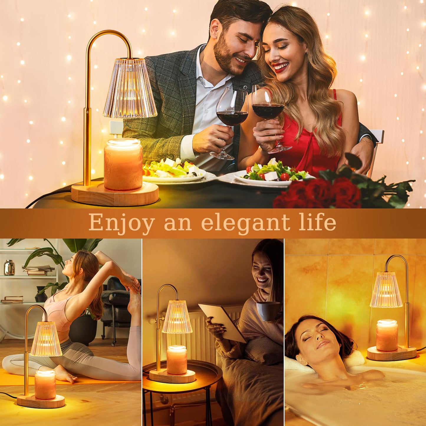 Candle Warmer Lamp with Timer, Dimmable, Adjustable Height - Electric Top Down Melting for All Jar Candles - Home Decor Wax Melter Light in Amber (Includes 2 Halogen Bulbs)