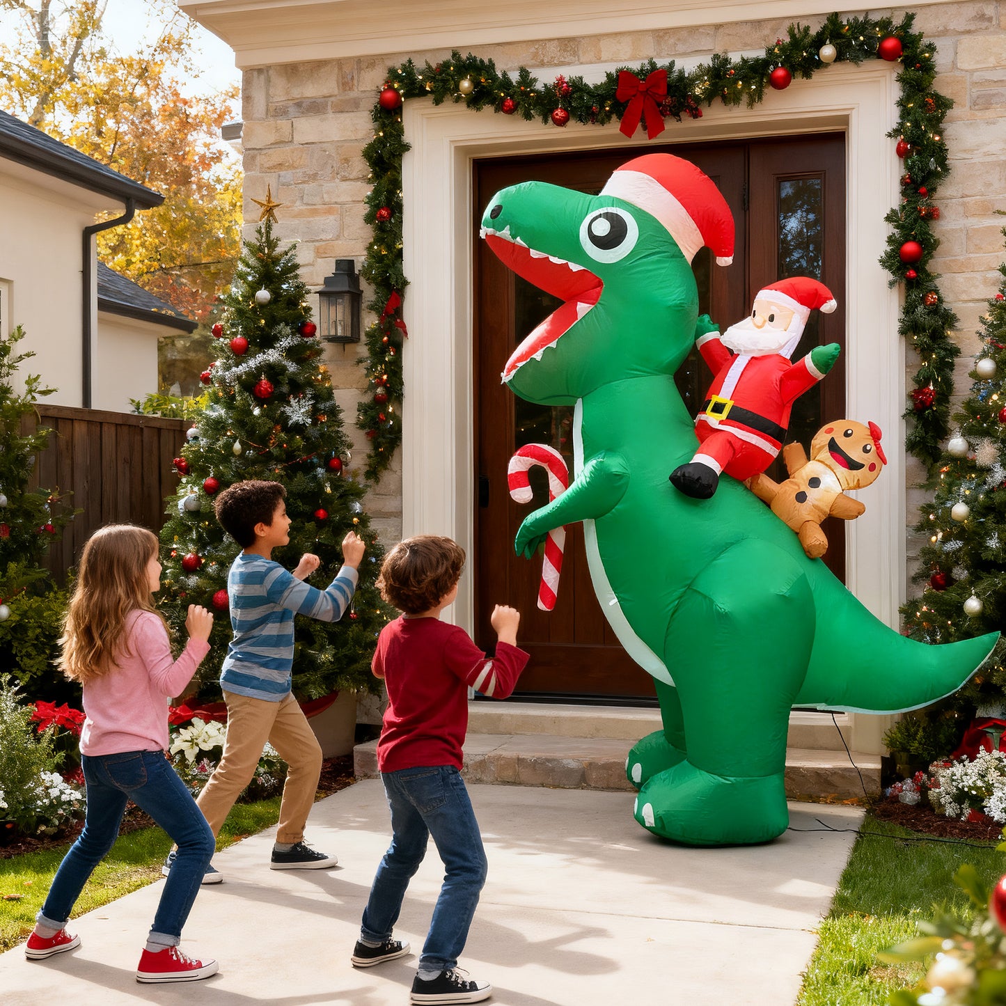 BeePrincess 7FT LED Santa Riding Dinosaur Christmas Inflatable - Outdoor Blow-Up Yard Decoration with Sandbags, Stakes & Strings for Garden, Lawn, Holiday Decor