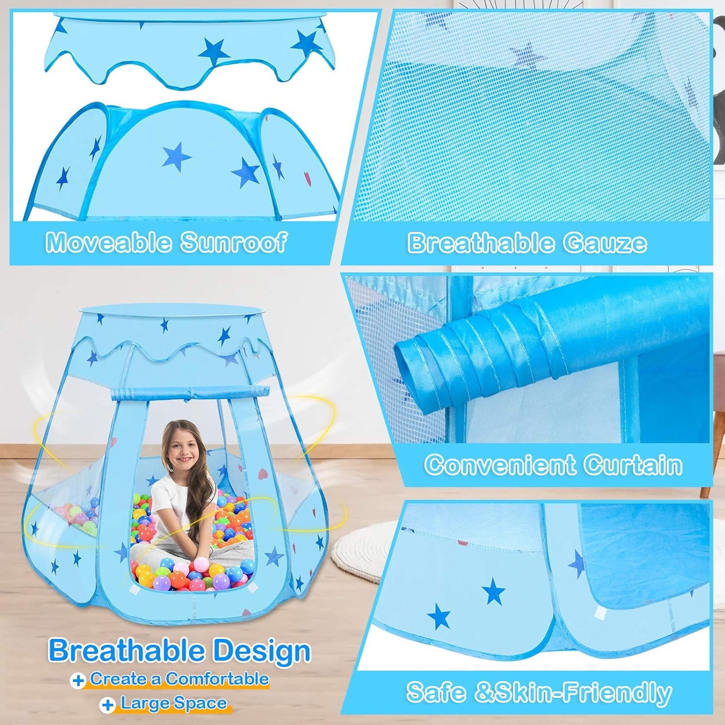 BEEPRINCESS Princess Playhouse Tent for Toddlers and Girls, Indoor & Outdoor Pop Up Play Tent for Kids, Foldable Ball Pit with Carrying Bag, Birthday Gifts for 1-3 Years Old Toddlers and Girls, Blue