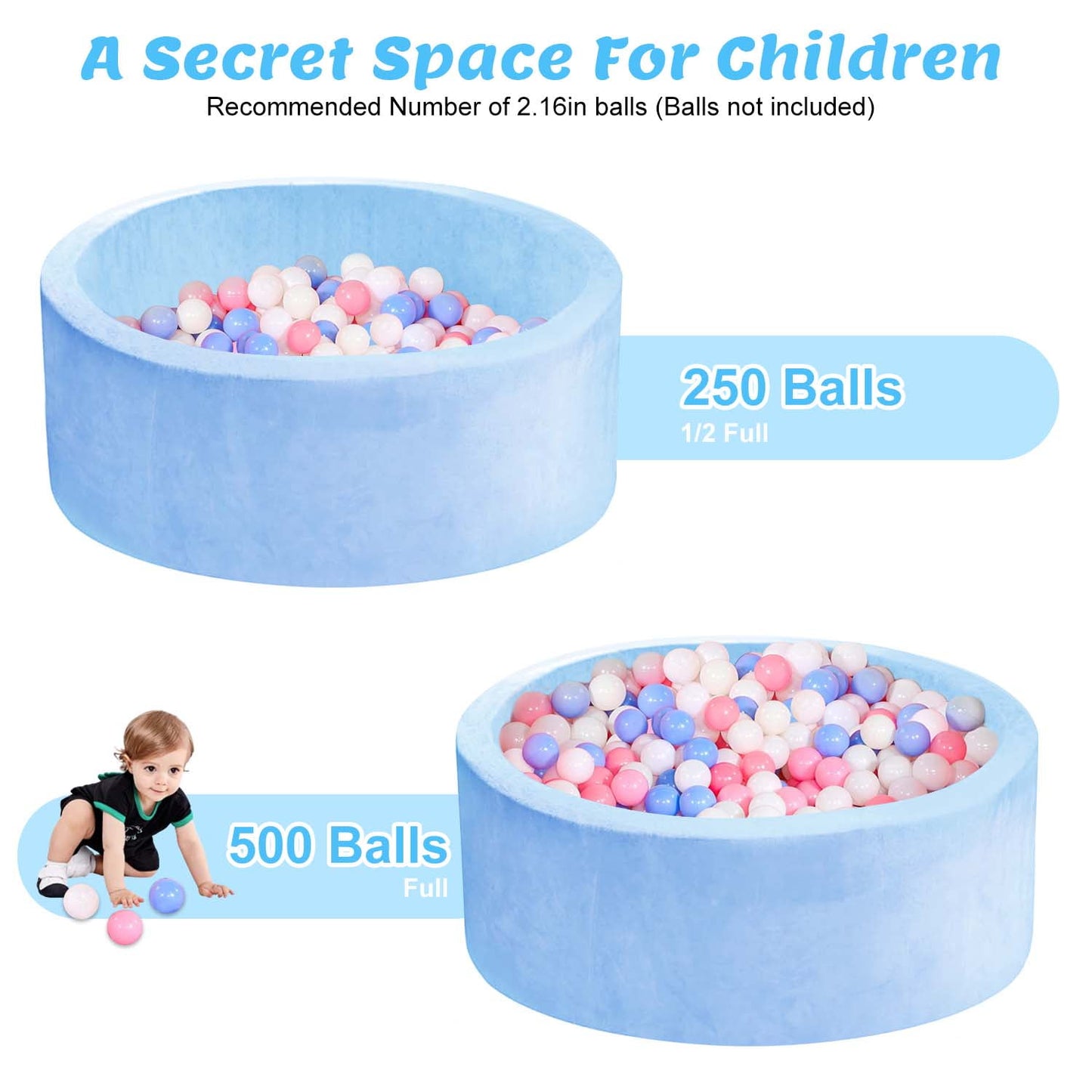 BEEPRINCESS Foam Ball Pit - Soft Play for Baby Infants and Toddlers Ages 1-3, Round Shape, No Balls Included, Blue