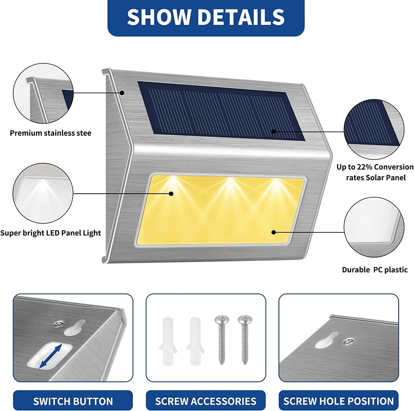 BEEPRINCESS Solar Fence Lights, Solar Outdoor Lights Stainless Steel Solar Deck Light Waterproof LED Solar Step Lighting for Garden Yard Patio Deck, Warm White, 6 Pack