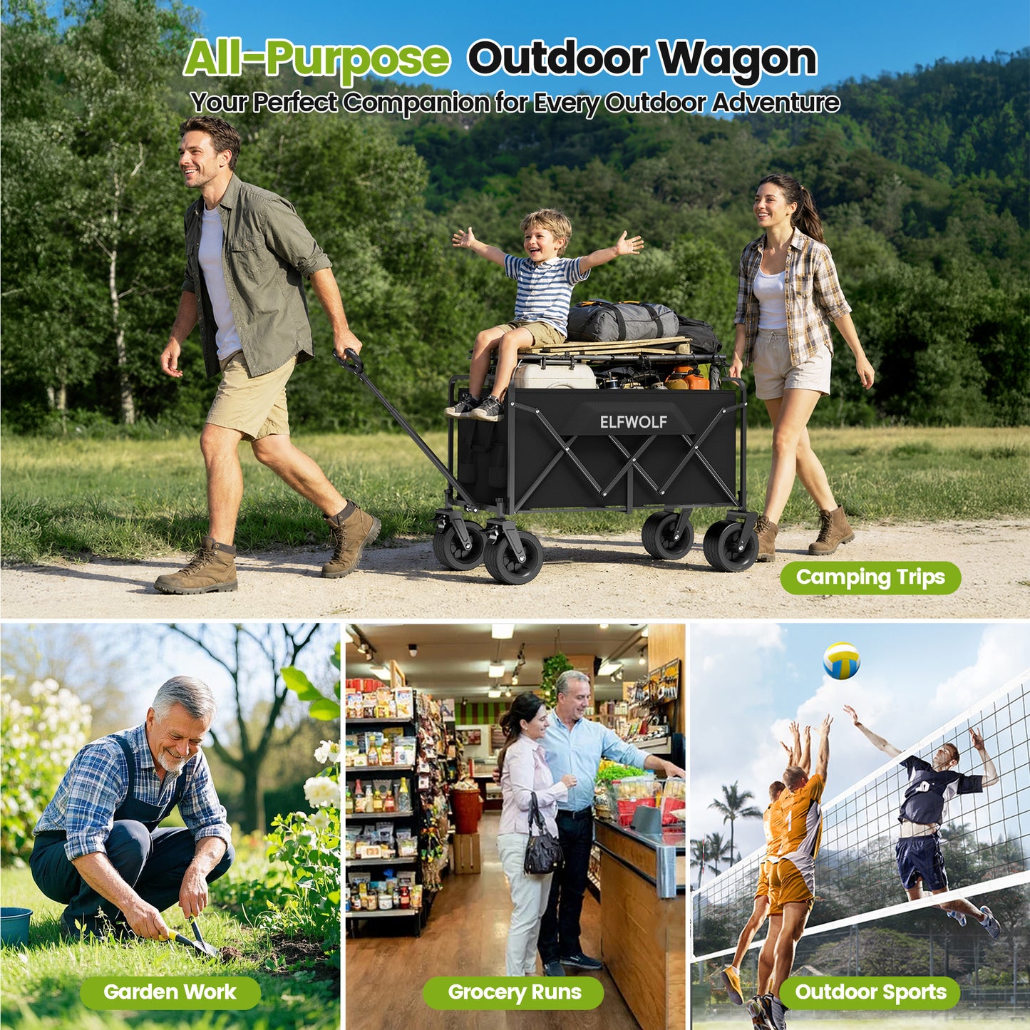 ELFWOLF Heavy Duty Folding Wagon Cart, 330 lb Load Capacity, All-Terrain Wheels, Portable Collapsible Wagon for Camping, Gardening, Sports, Shopping & Grocery Transport