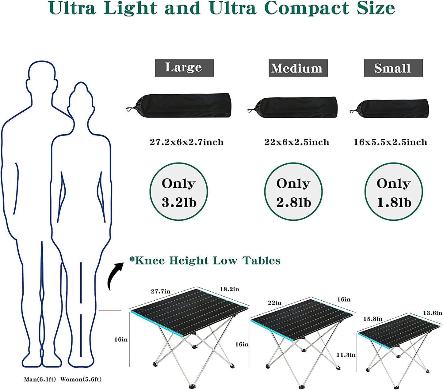 BEEPRINCESS Folding Camping Table, 27.7" x 18.2" Portable Camping Side Tables with Aluminum Table Top with Carrying Bag for Picnic/Camp/Beach/Outdoor/BBQ/Cooking, Black - Large