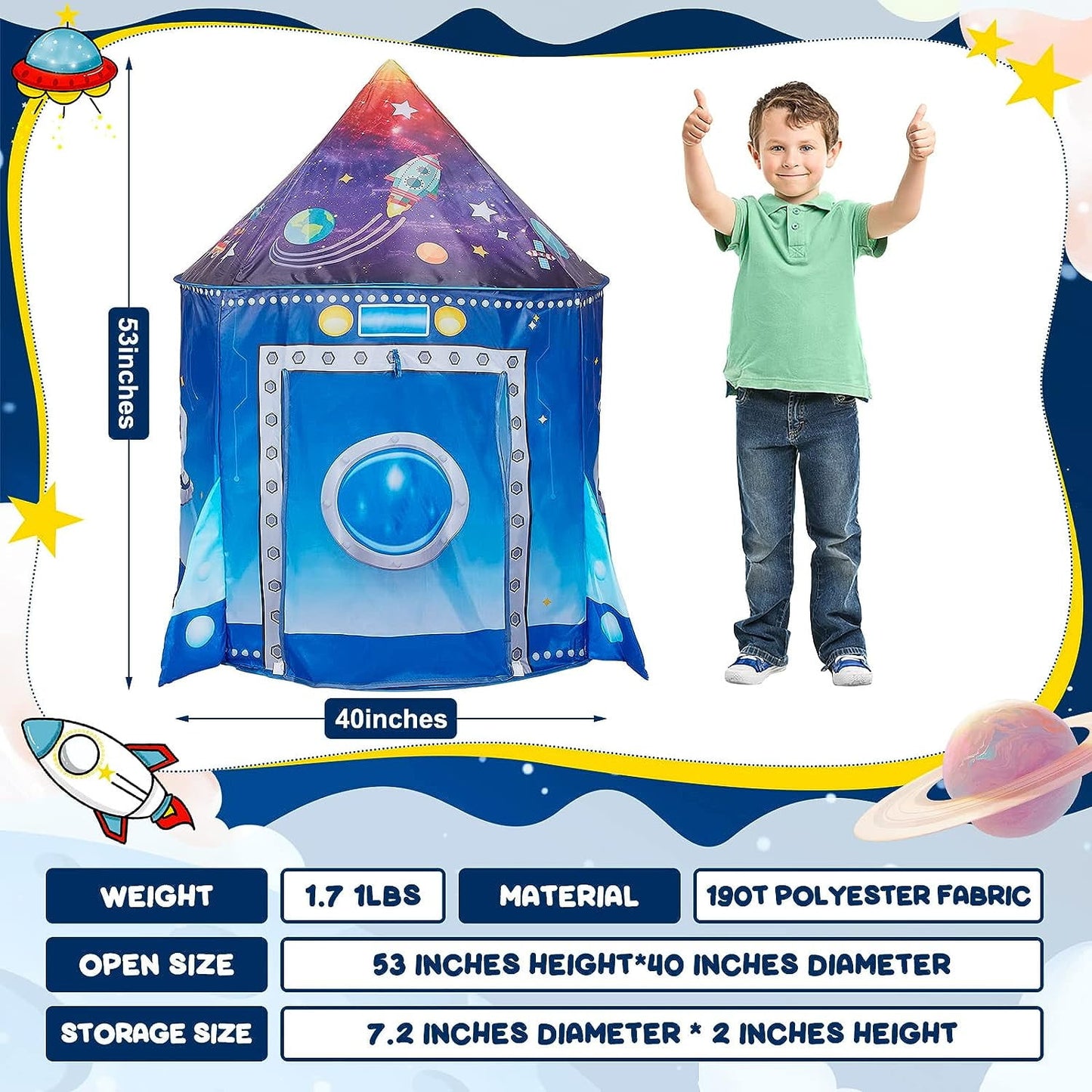 BeePrincess Rocket Ship Kids Play Tent, Astronaut Spaceship Space Themed Pop up Play Tent, Pretend Playhouse Indoor Outdoor Game Party Children, Birthday Gift Playhouse Toy for Boys Girls Toddler
