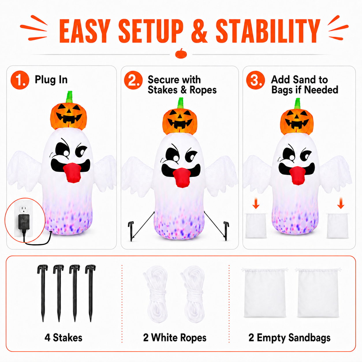 BEEPRINCESS 6FT Halloween Inflatable Ghost with Pumpkin Head, Light-Up Blow Up Outdoor Yard Decoration with White and RGB LED Lights