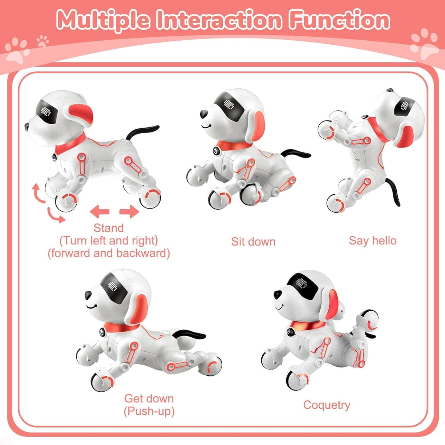 BEEPRINCESS Robot Dog, Smart Programmable RC Electronic Pet Puppy with Early Education Function, White/Pink