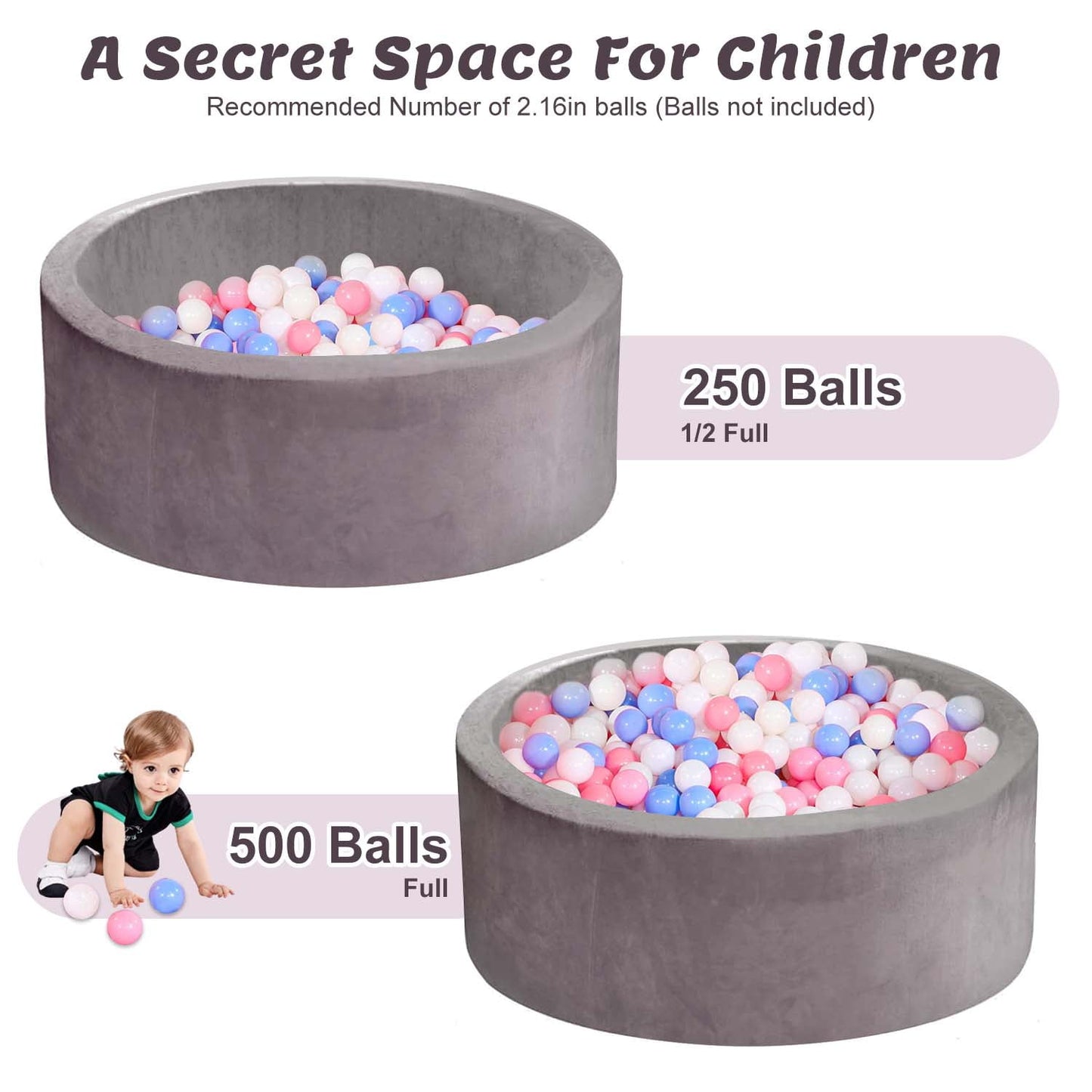 BEEPRINCESS Foam Ball Pit - Soft Play for Baby Infants and Toddlers Ages 1-3, Round Shape, No Balls Included, Gray